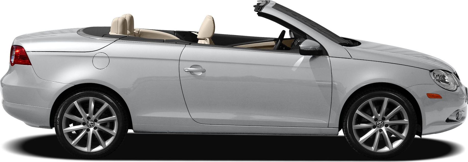 Side view of a sleek convertible with beige leather interior and retractable hardtop.