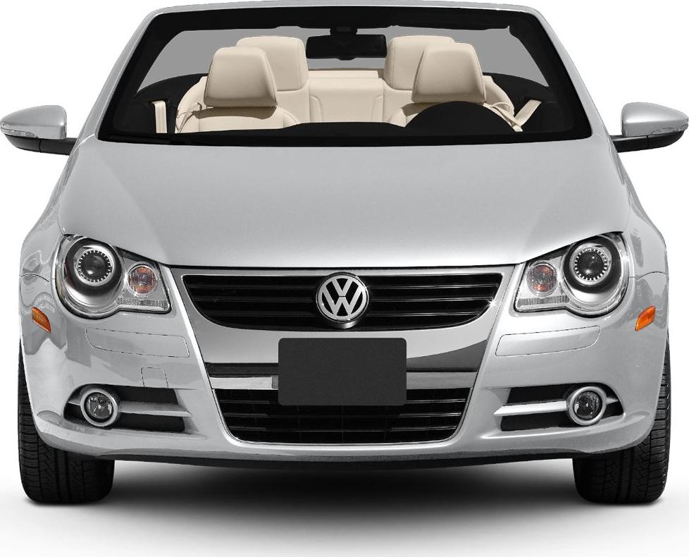 Front view of a convertible with headlights and beige interior seats