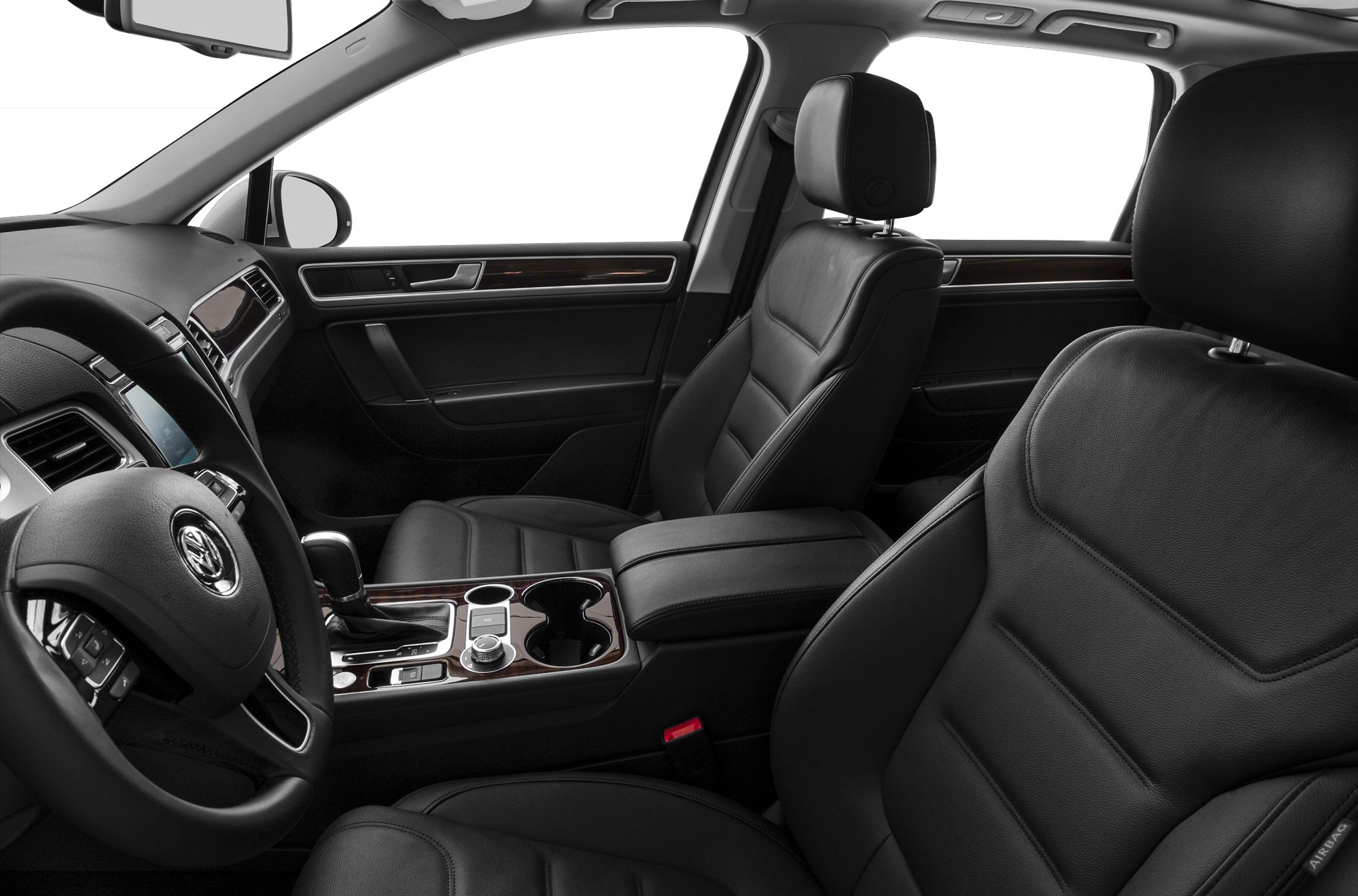 Black leather seats and center console with wood trim