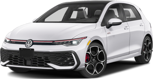 Front and side view of sporty white hatchback with alloy wheels