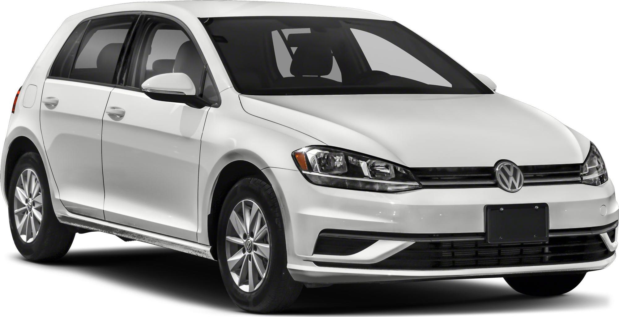Front and side view of white hatchback showing headlights and grille