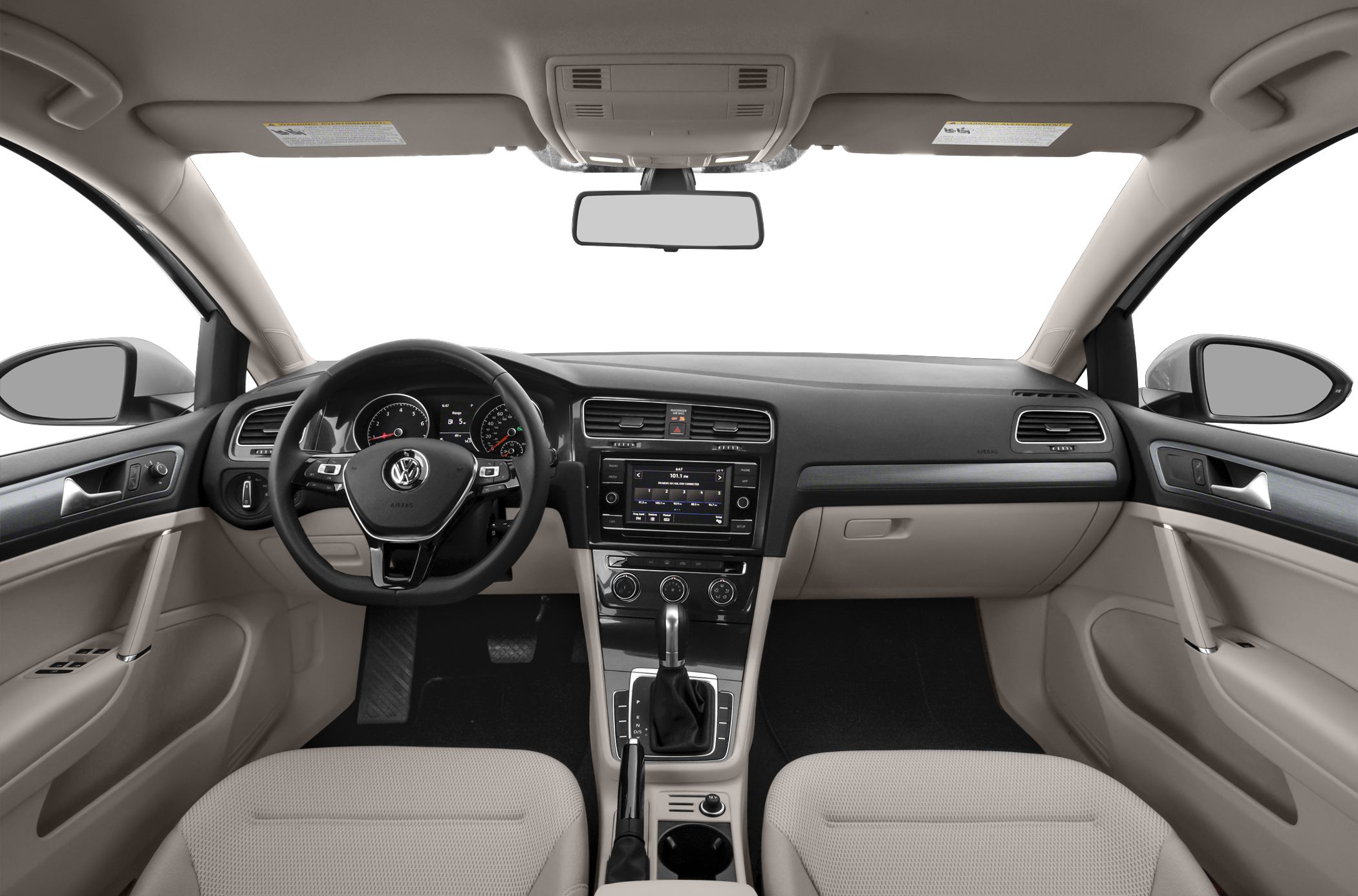 Dashboard, steering wheel, center console with gear selector and controls