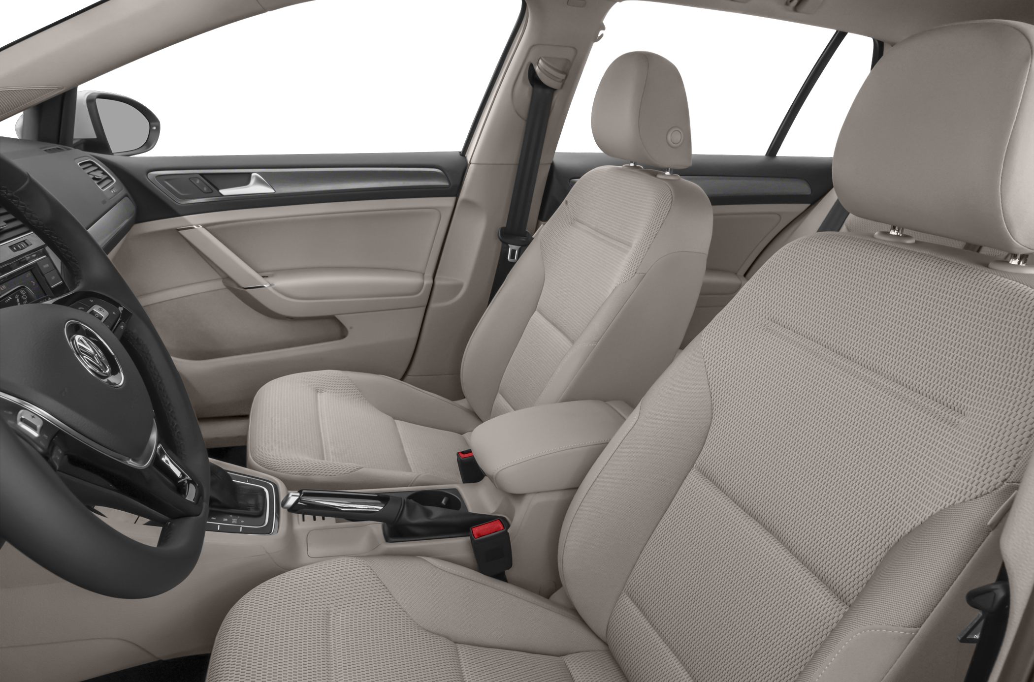 Beige fabric front seats and dashboard of a car interior