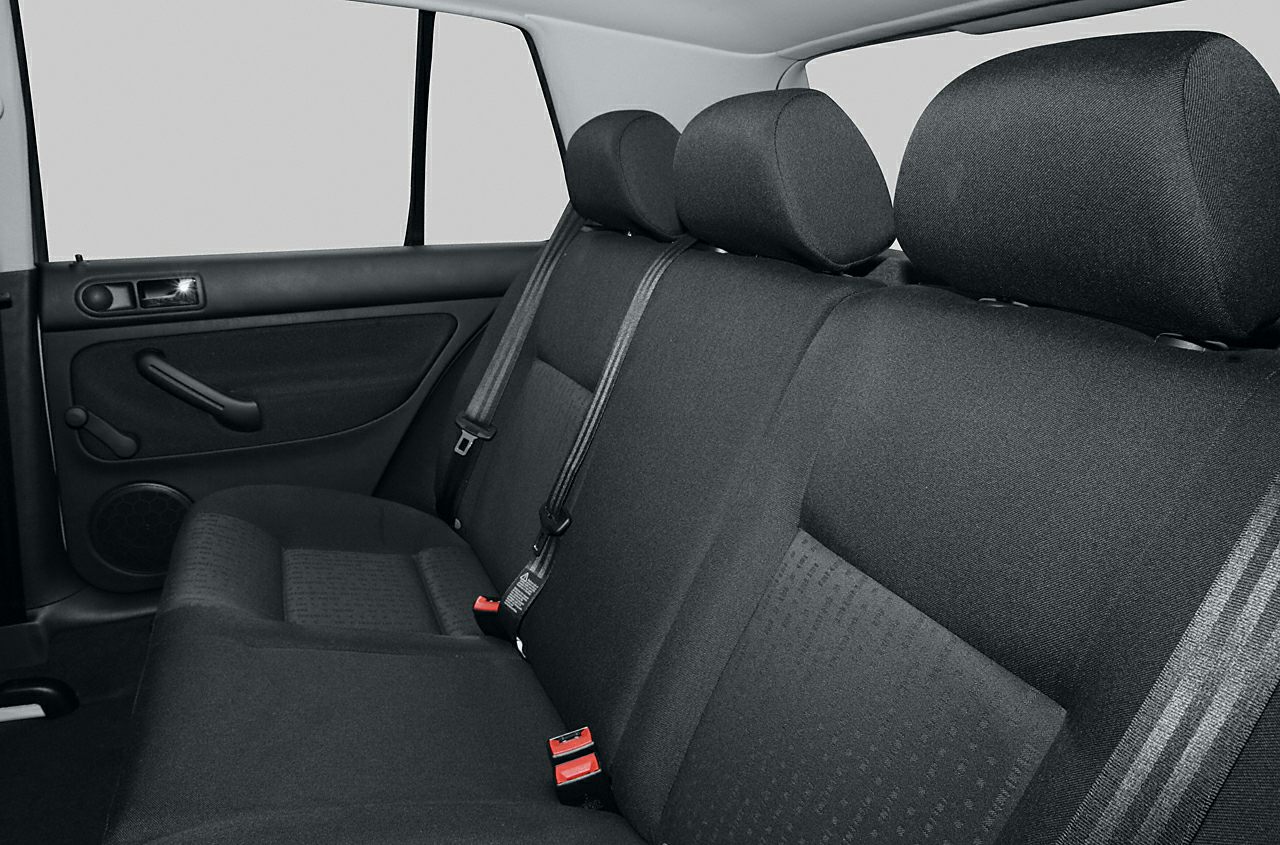 Rear seat fabric upholstery with seatbelts and door panel
