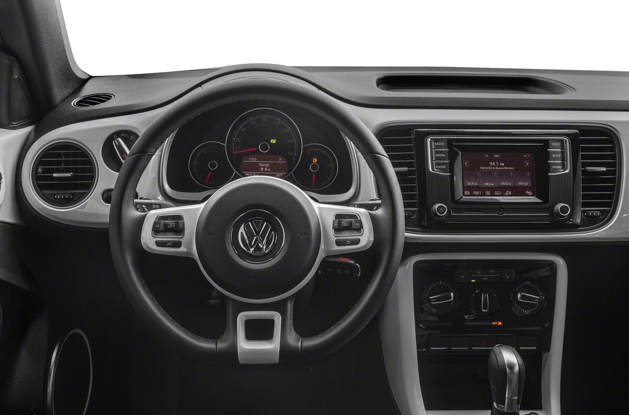 Dashboard and multi-function steering wheel with infotainment display