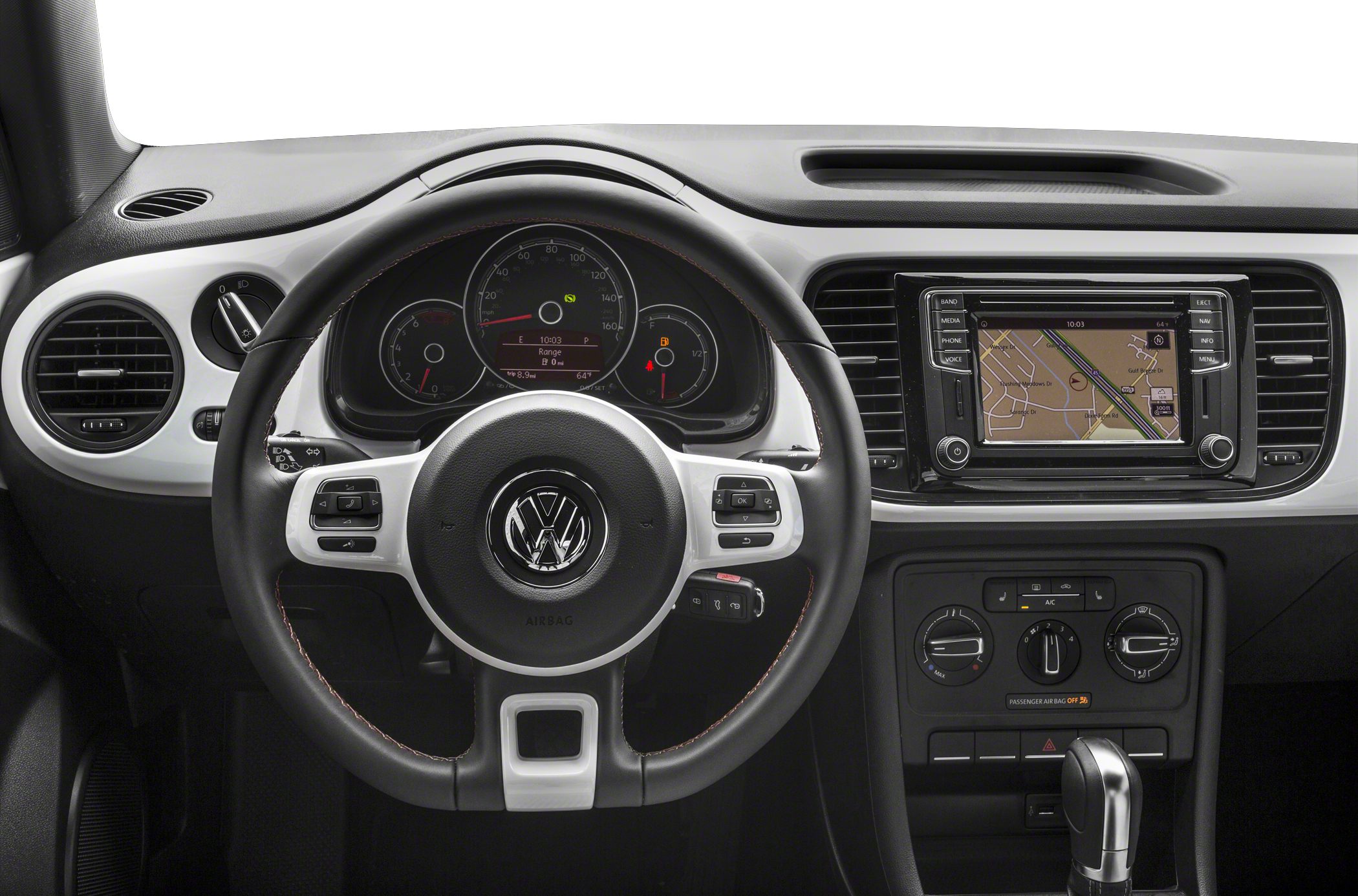 Steering wheel, dashboard, digital speedometer, infotainment screen, AC controls