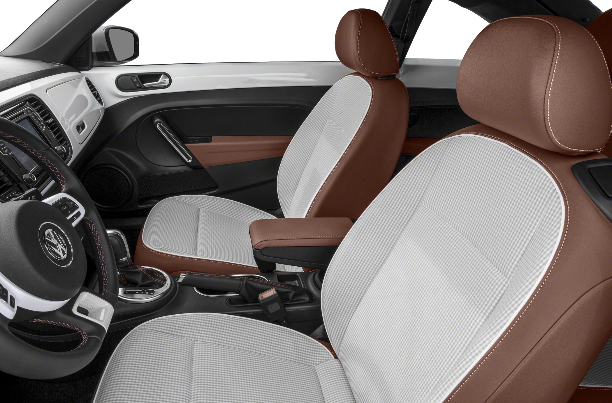 Two-tone front seats with detailed stitching and steering wheel interior view