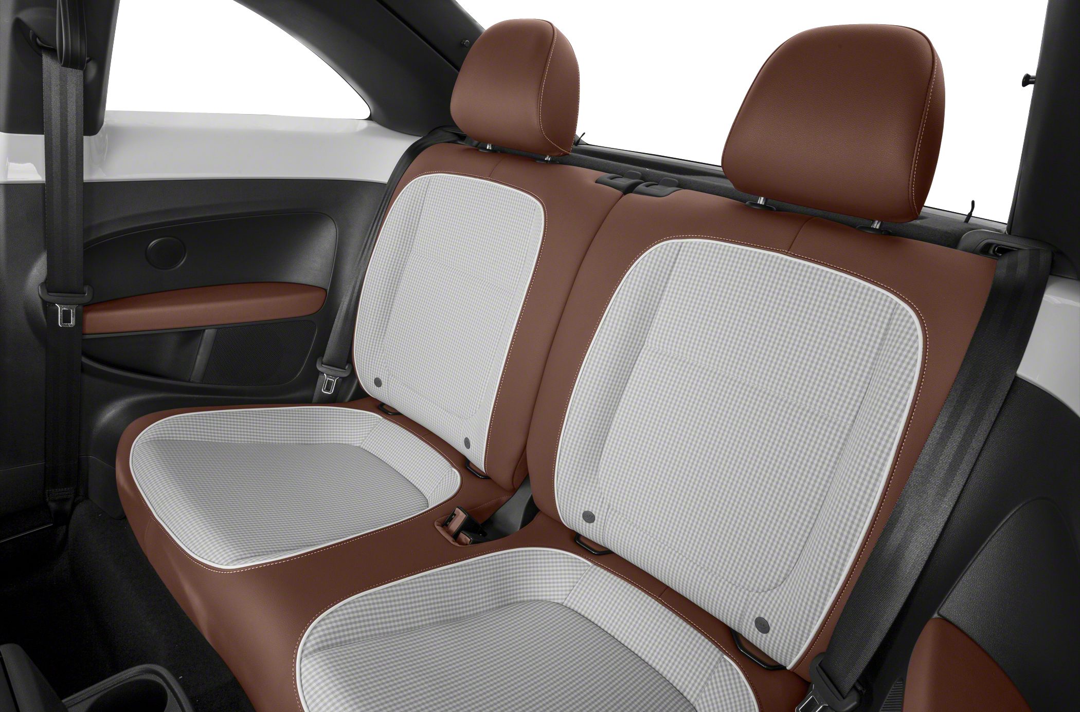 Rear seat with brown leather and light fabric upholstery