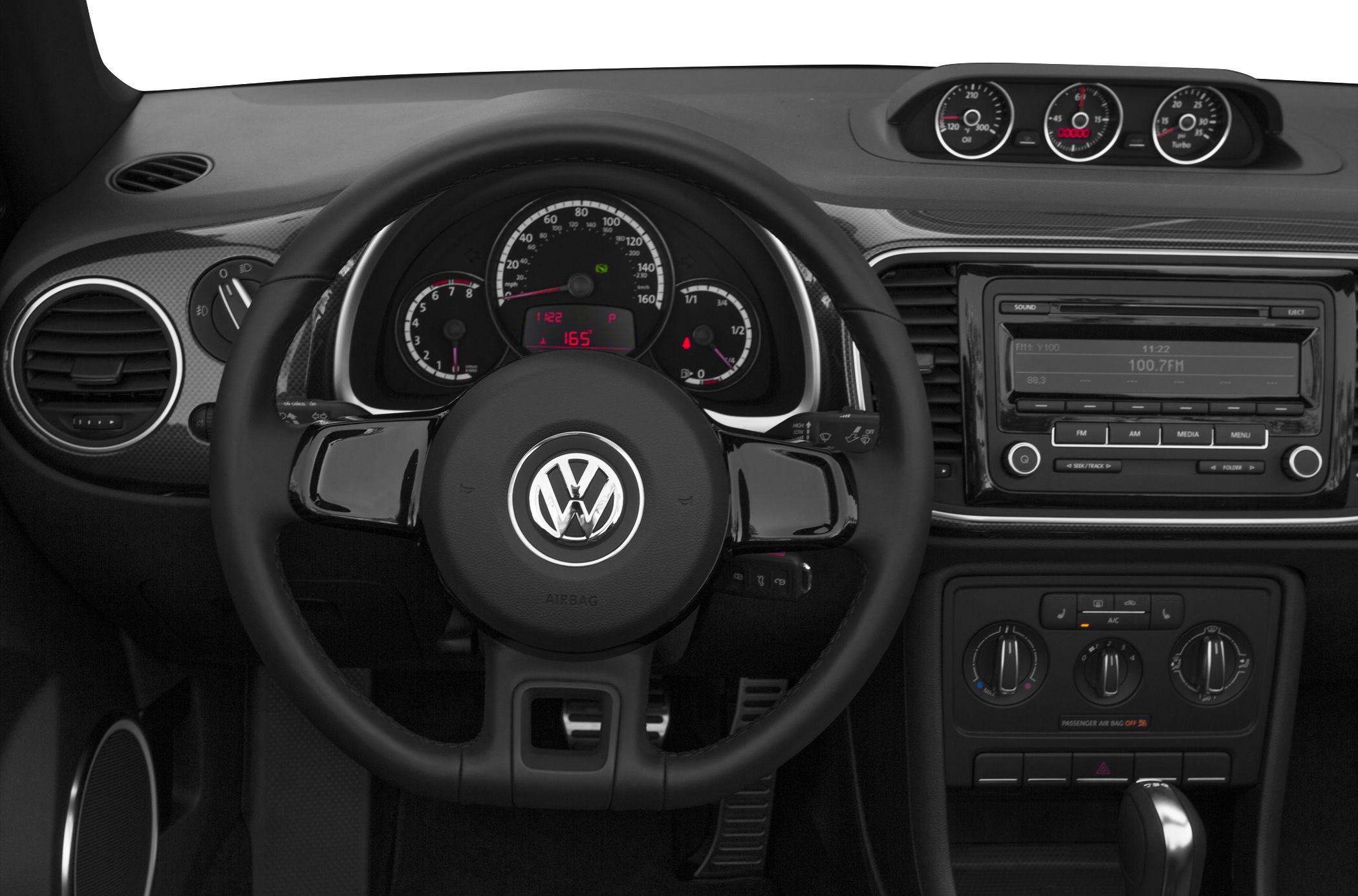 Dashboard and steering wheel with instrument cluster and center console controls