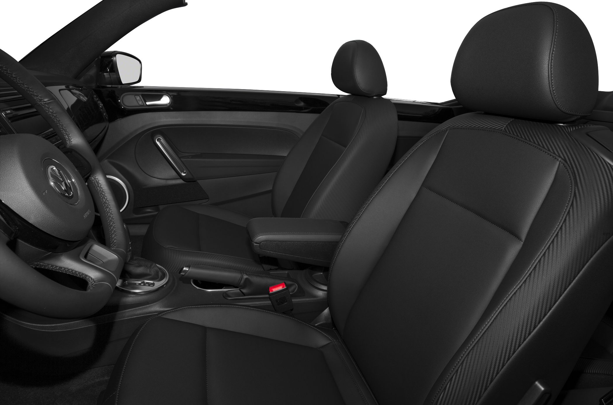 Black leather car seats with armrest and door panel