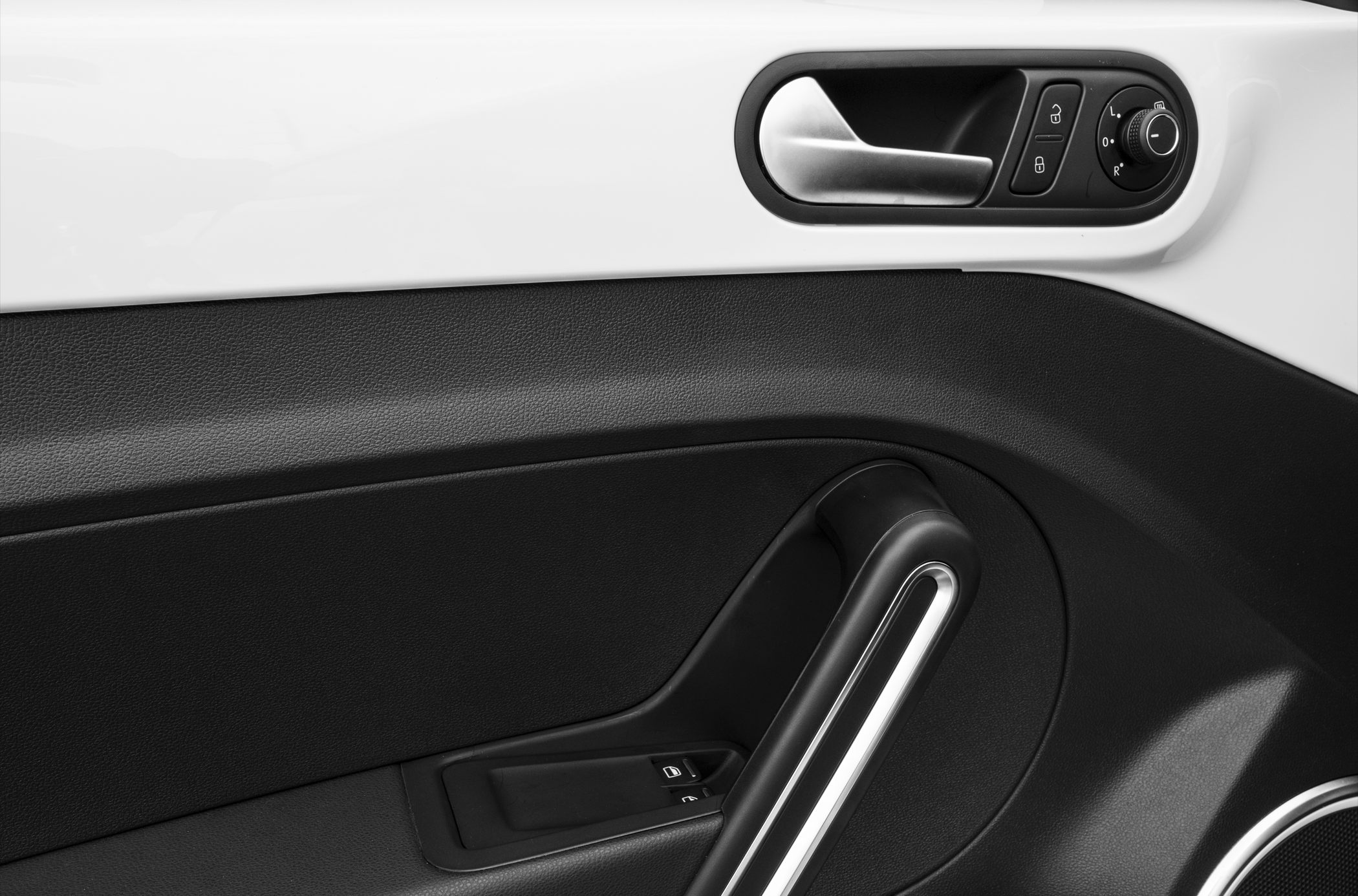 Interior door panel with door handle and window control switches