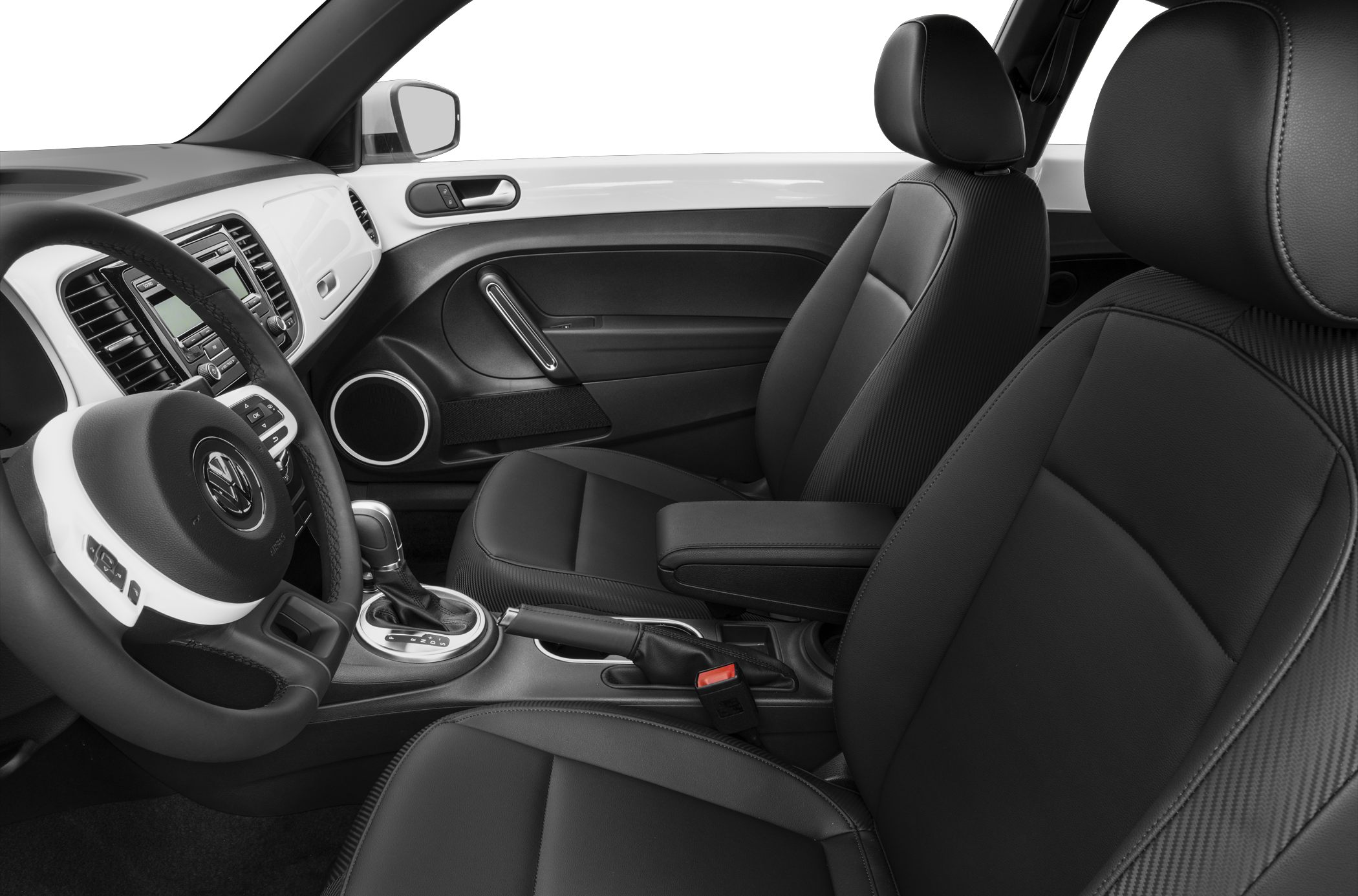 Black leather front seats and modern dashboard interior
