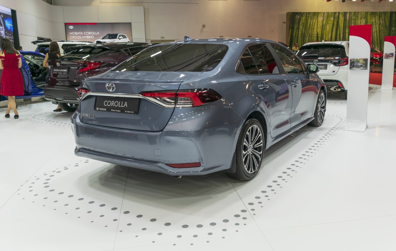 Rear view of a modern hybrid sedan with distinct taillights and alloy wheels