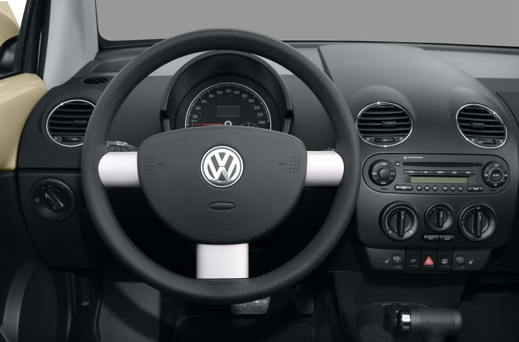 Dashboard and steering wheel with instrument cluster and control panel