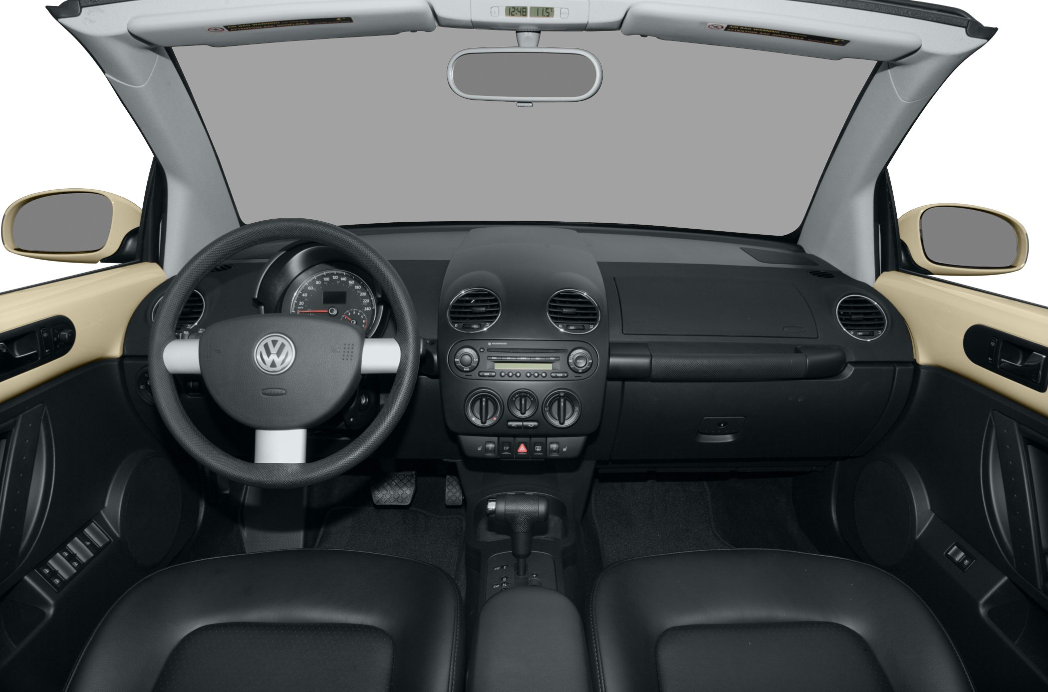 Dashboard and steering wheel view of convertible car interior
