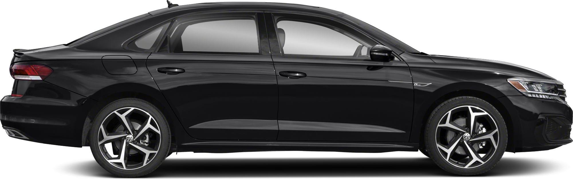 Side profile of a sleek black sedan with sporty alloy wheels and rear spoiler