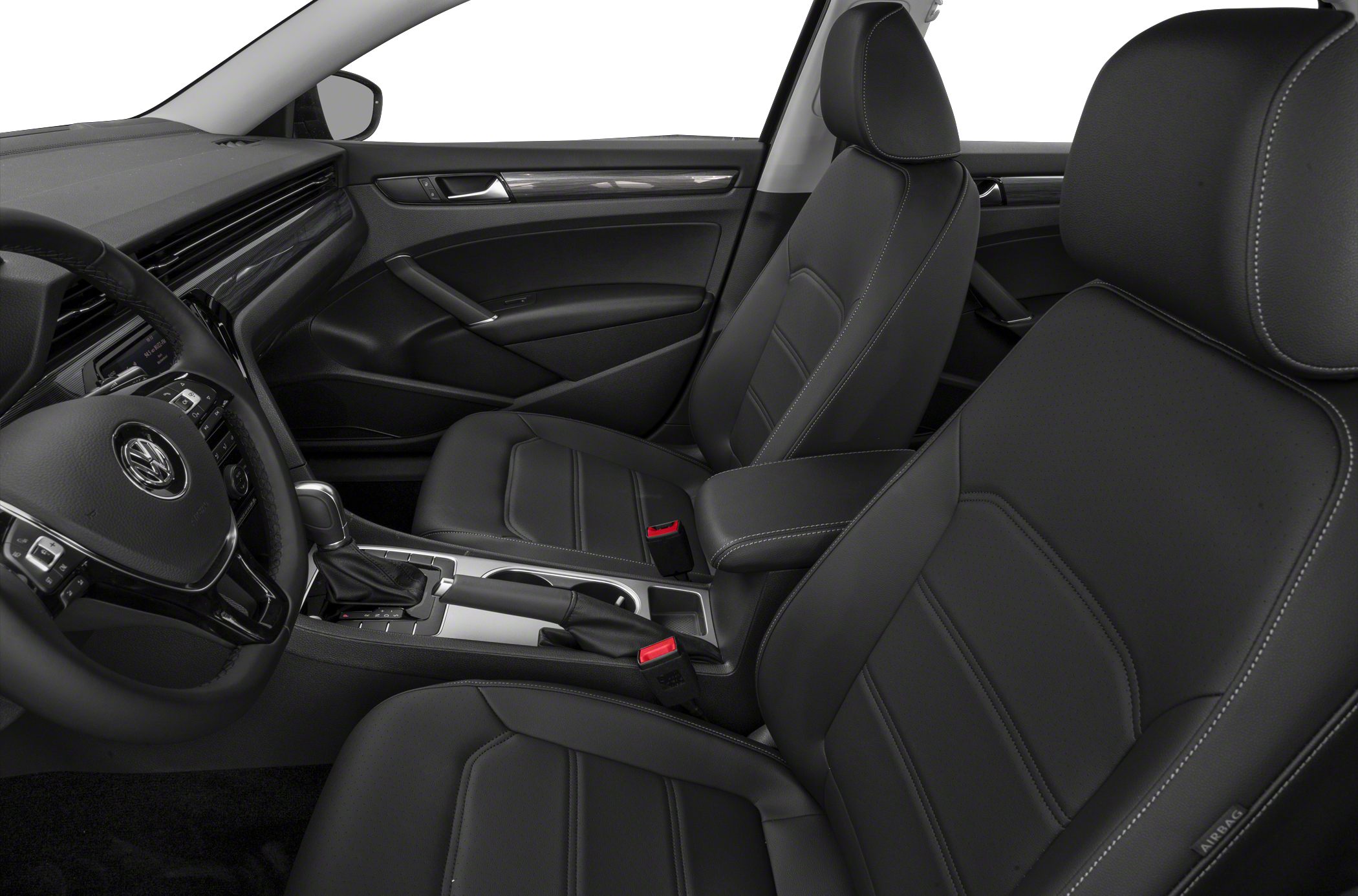 Black leather front seats and modern dashboard with center console