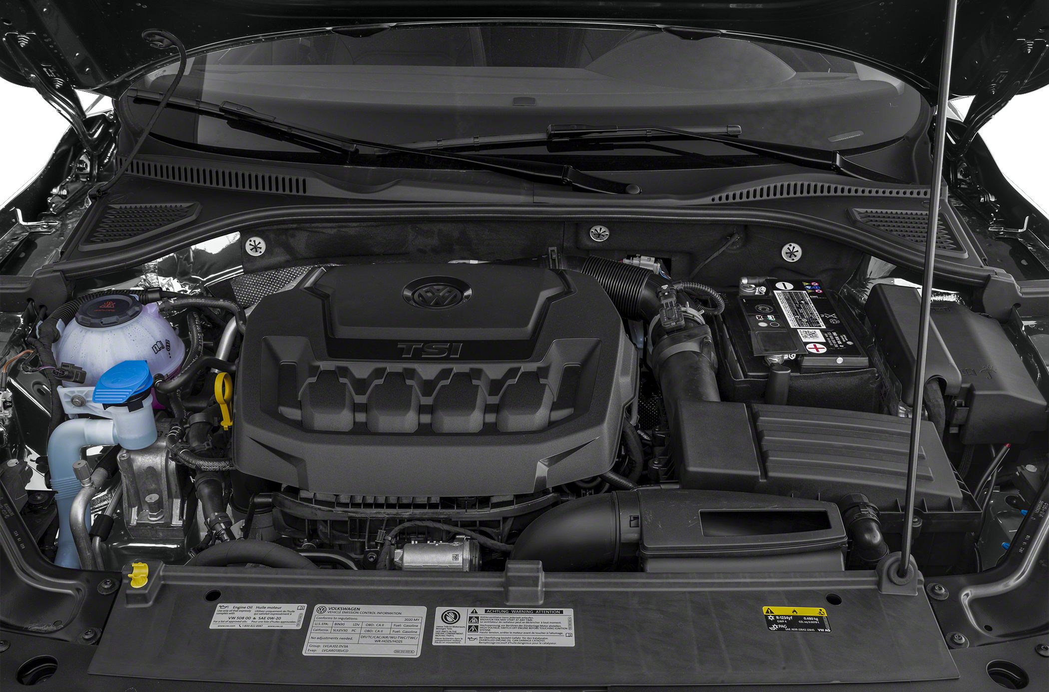 TSI engine bay with coolant reservoir and battery under open hood