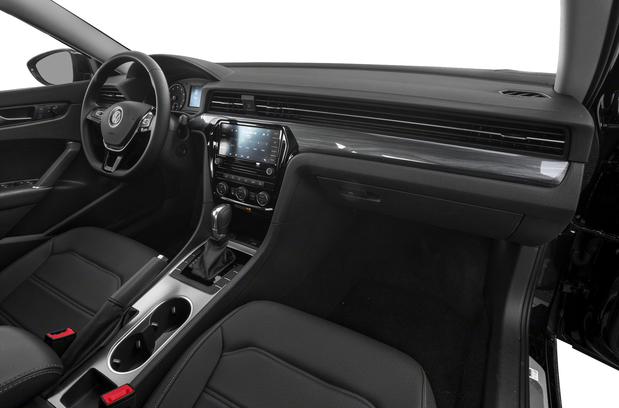 Modern car interior with digital dashboard and touchscreen infotainment