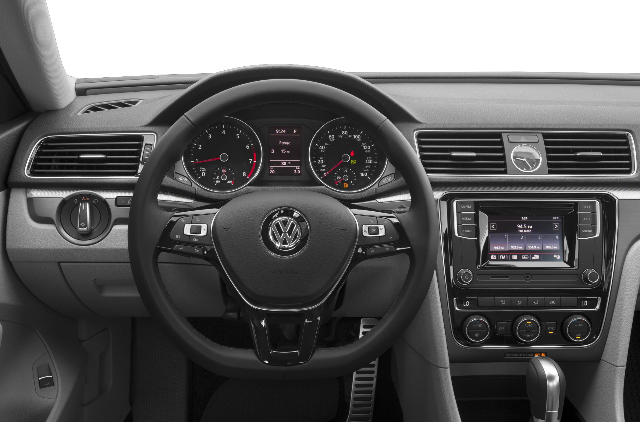 Dashboard with multifunction steering wheel, digital display, infotainment system