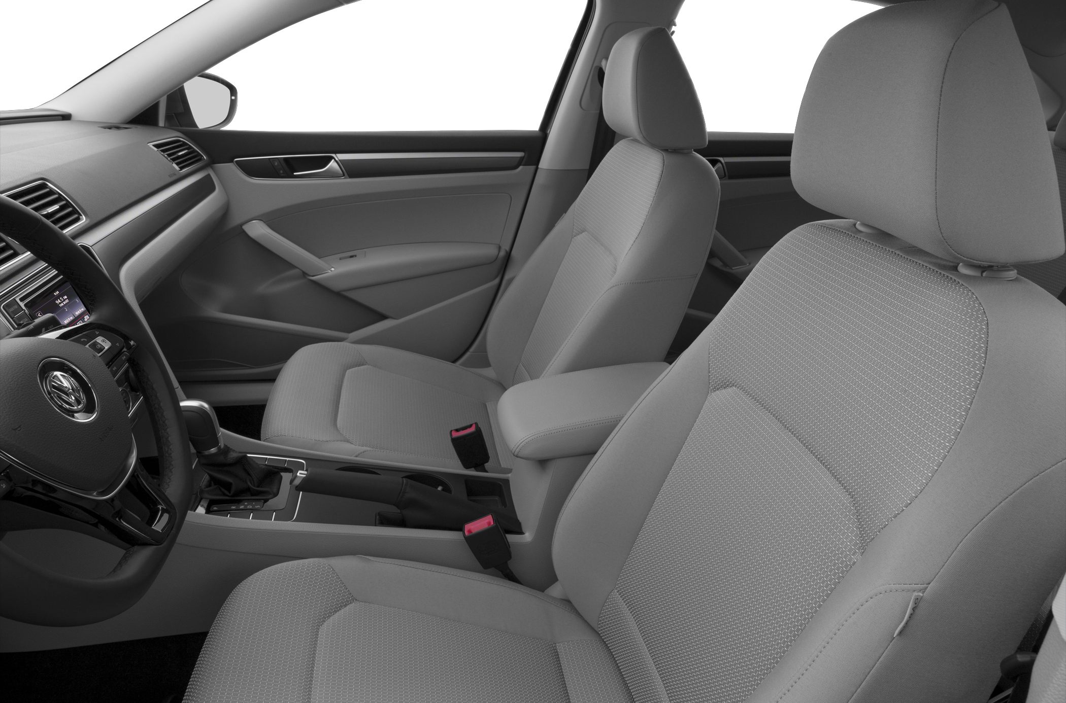 Front fabric seats and dashboard of a vehicle interior