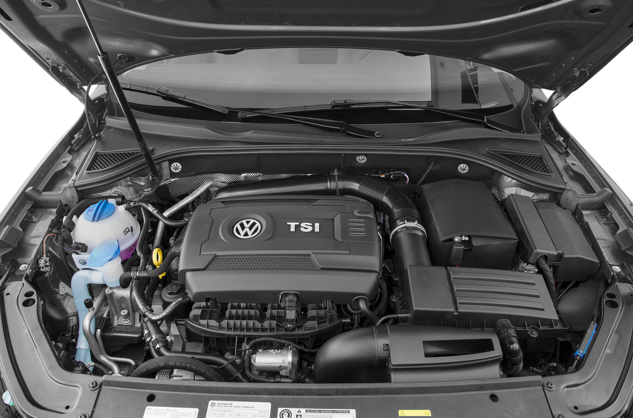 Engine compartment with TSI engine and surrounding components.
