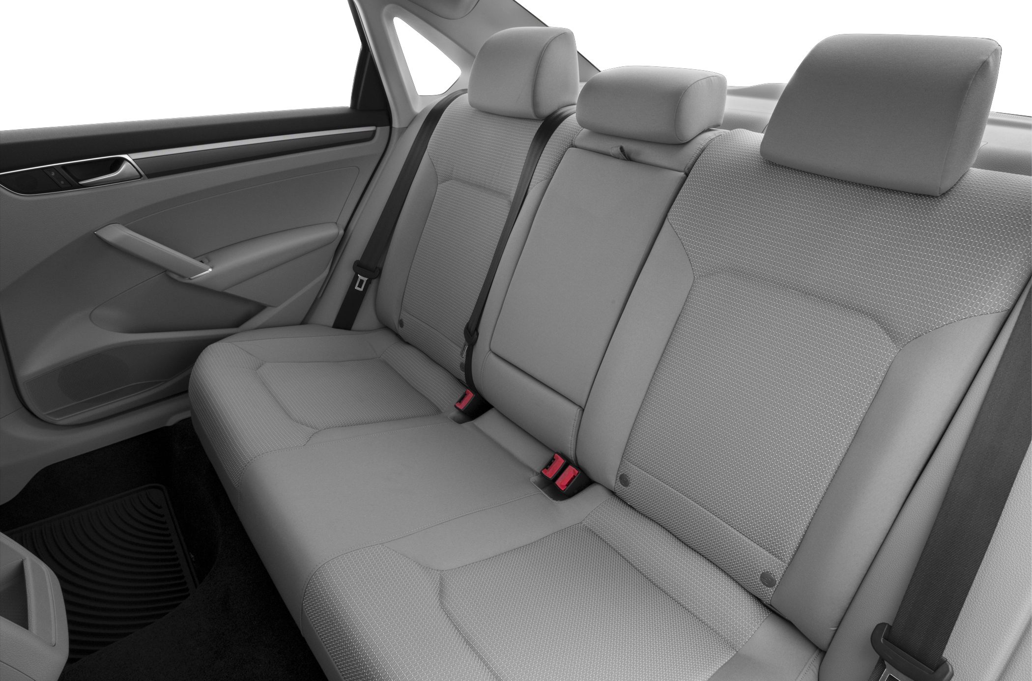 Rear seat upholstery and headrests with seatbelts in a car interior