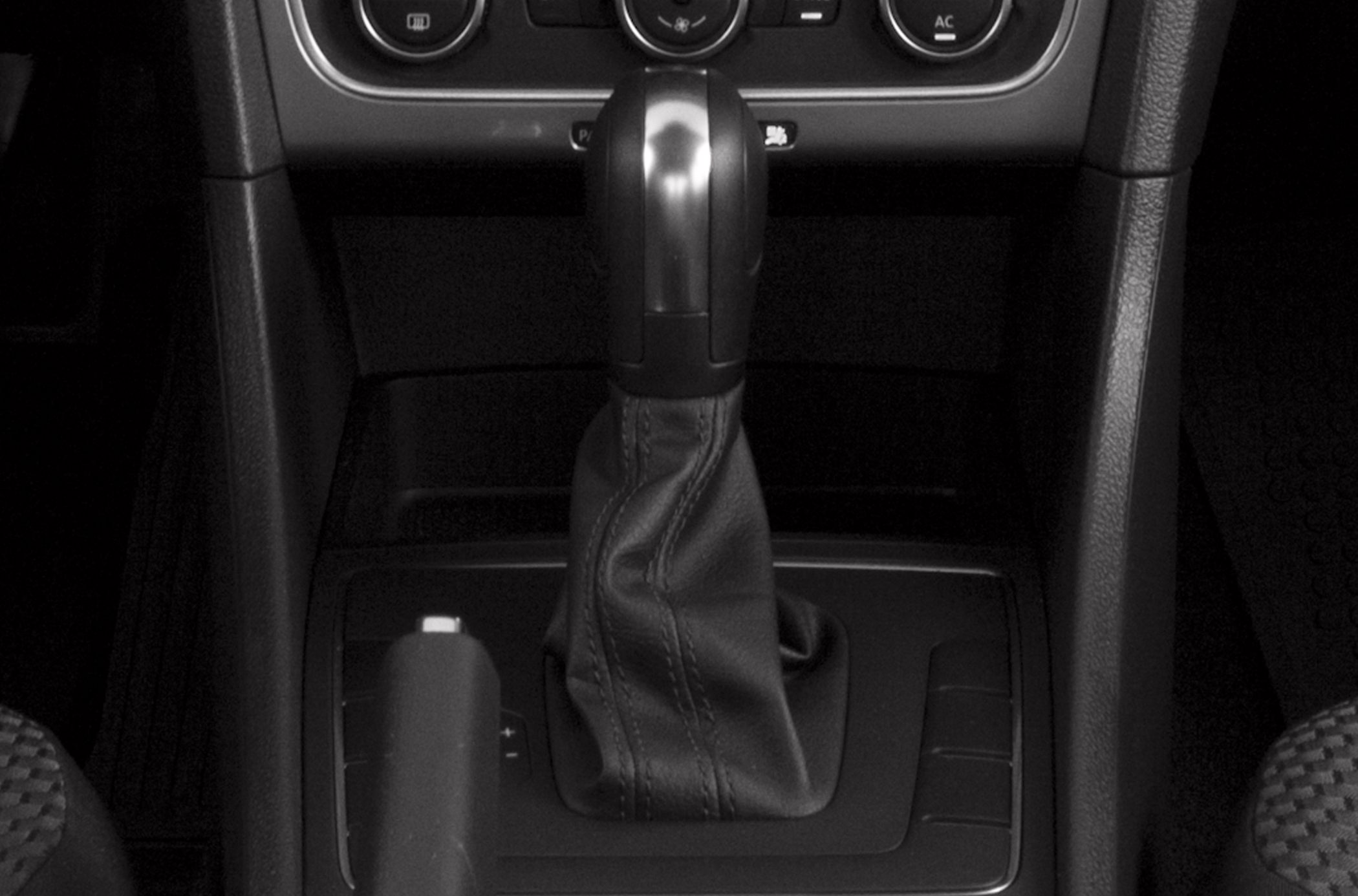 Close-up of automatic gear shift lever and console