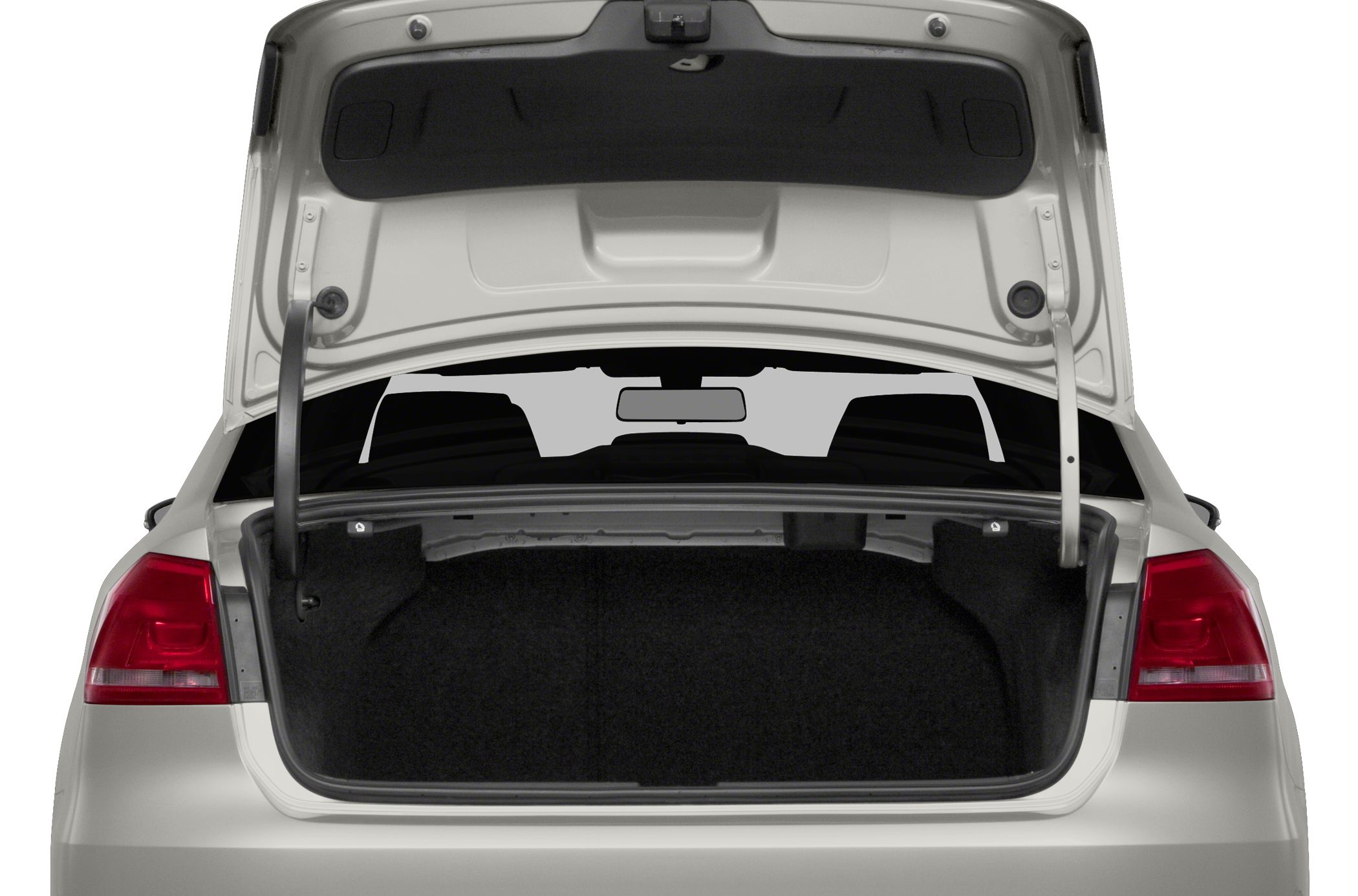 Open rear trunk with visible spacious interior and trunk hinges