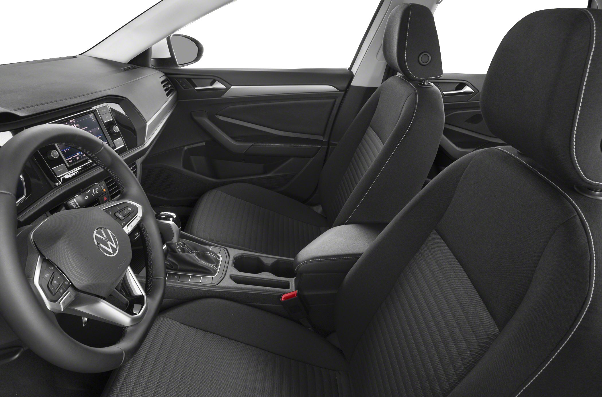 Modern car interior design with fabric seats and dashboard layout