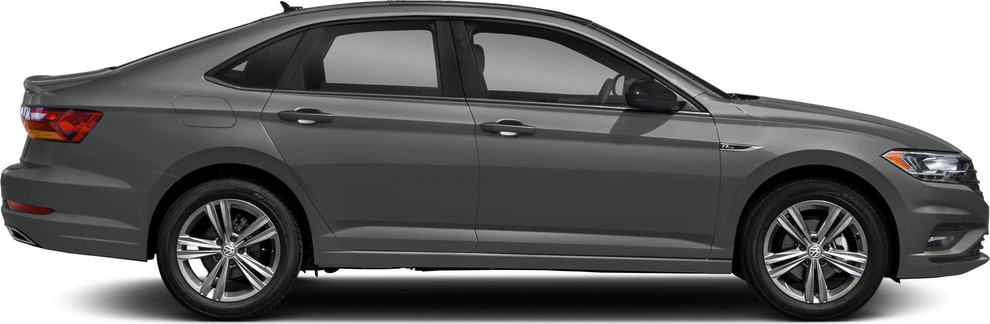 Side profile of a sleek sedan with R-Line details and alloy wheels