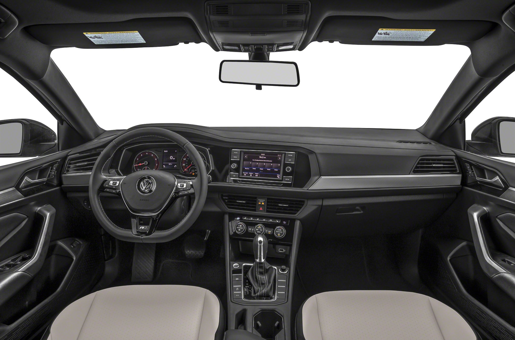 Modern car interior with dashboard, touchscreen, and multifunction steering wheel