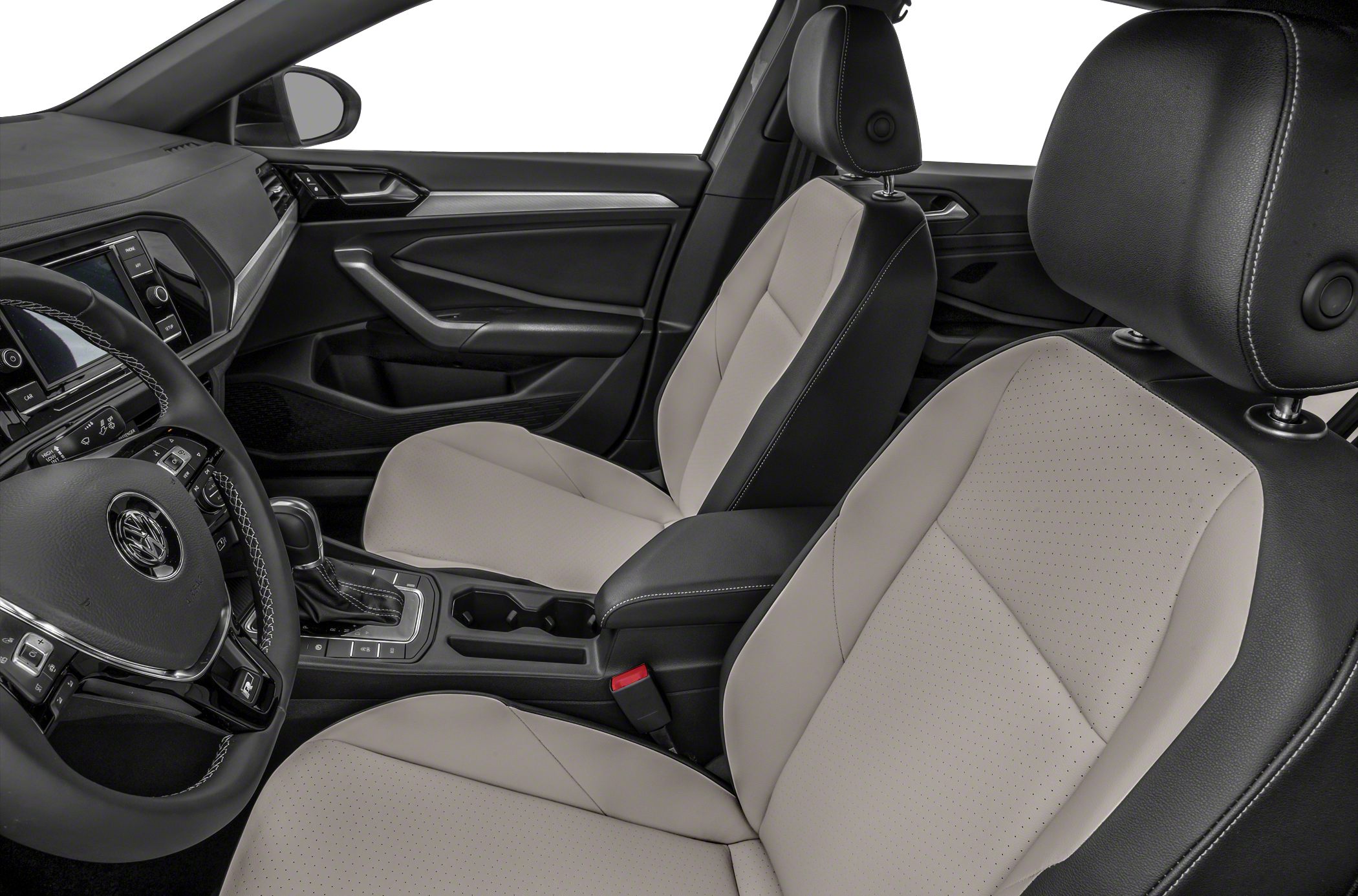 Two-tone front seats and dashboard interior with steering wheel and gear shift