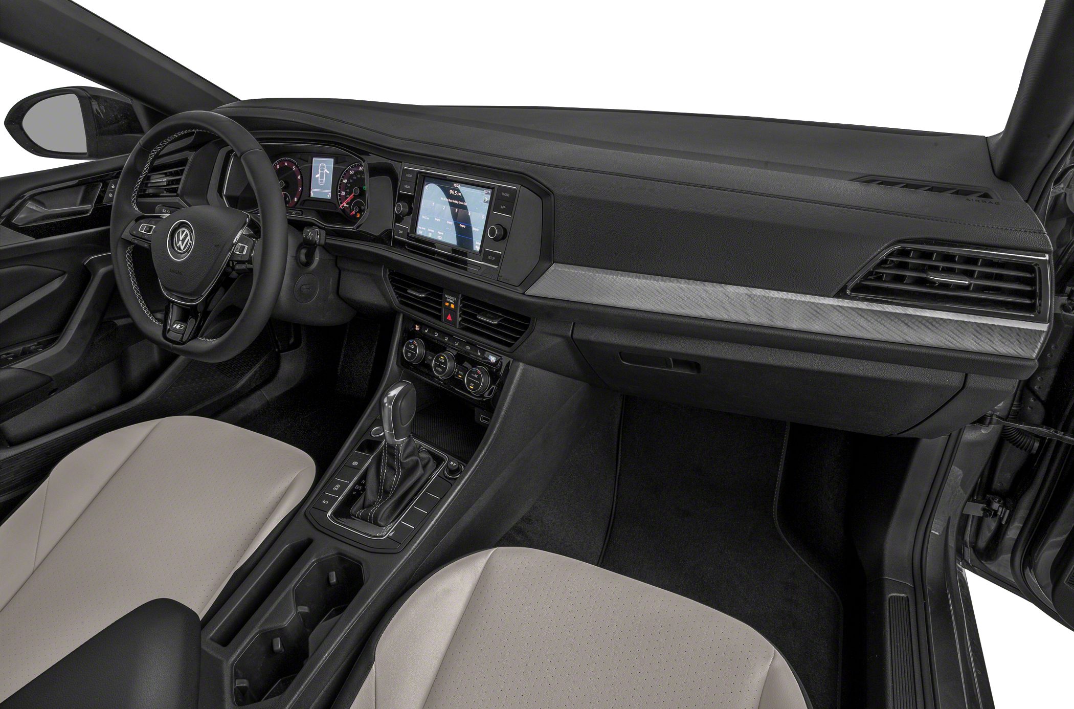 Driver dashboard, infotainment screen, center console with automatic gear shifter