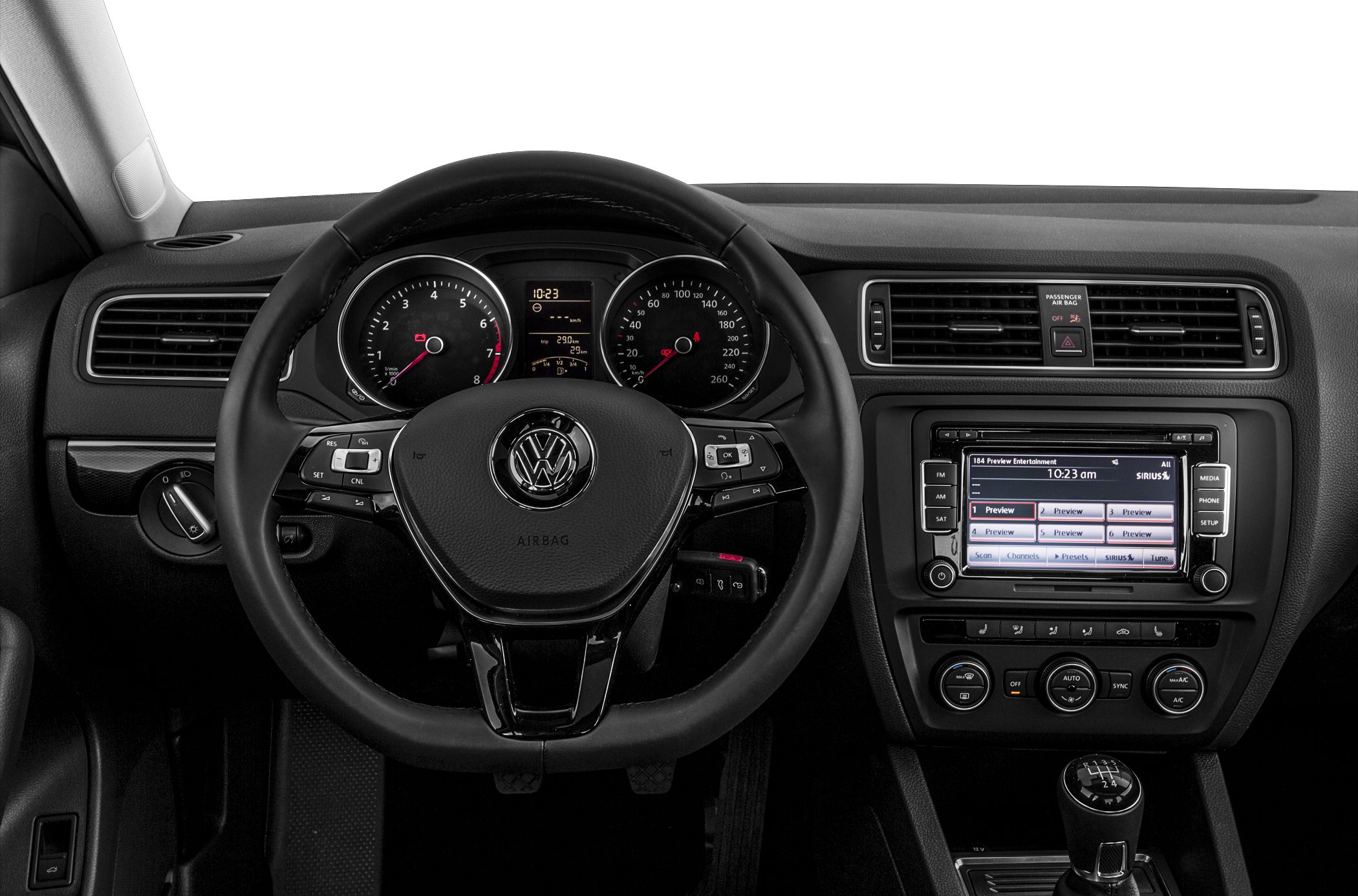 Dashboard and steering wheel with infotainment and manual gear shift