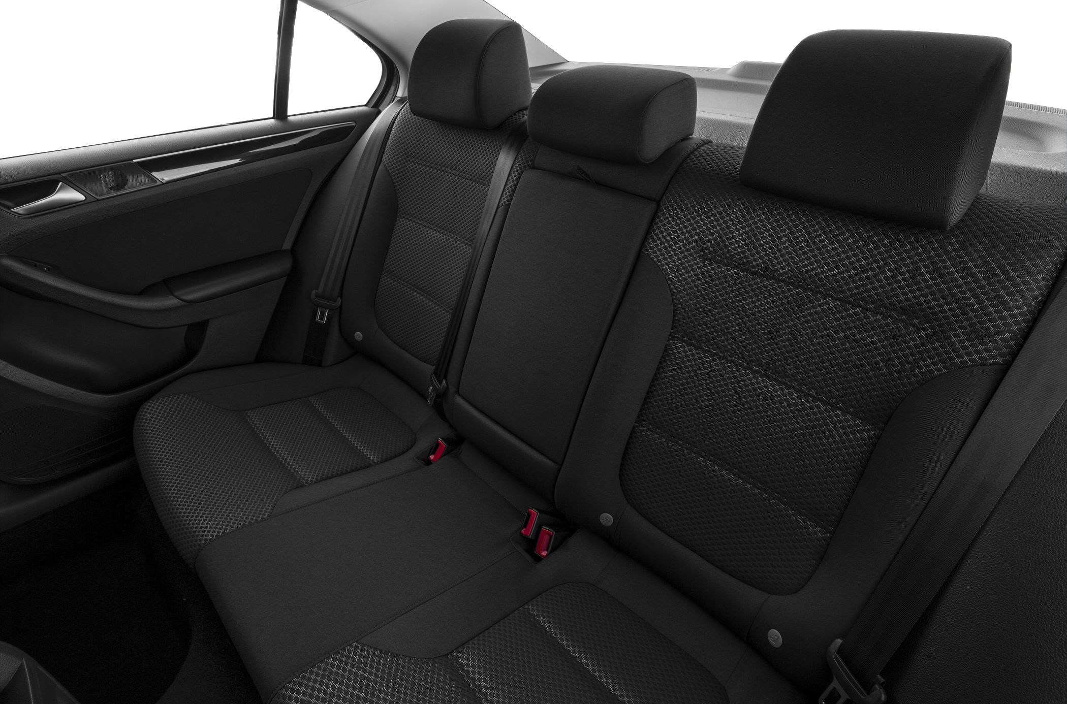 Rear seat interior with embroidered fabric upholstery and headrests