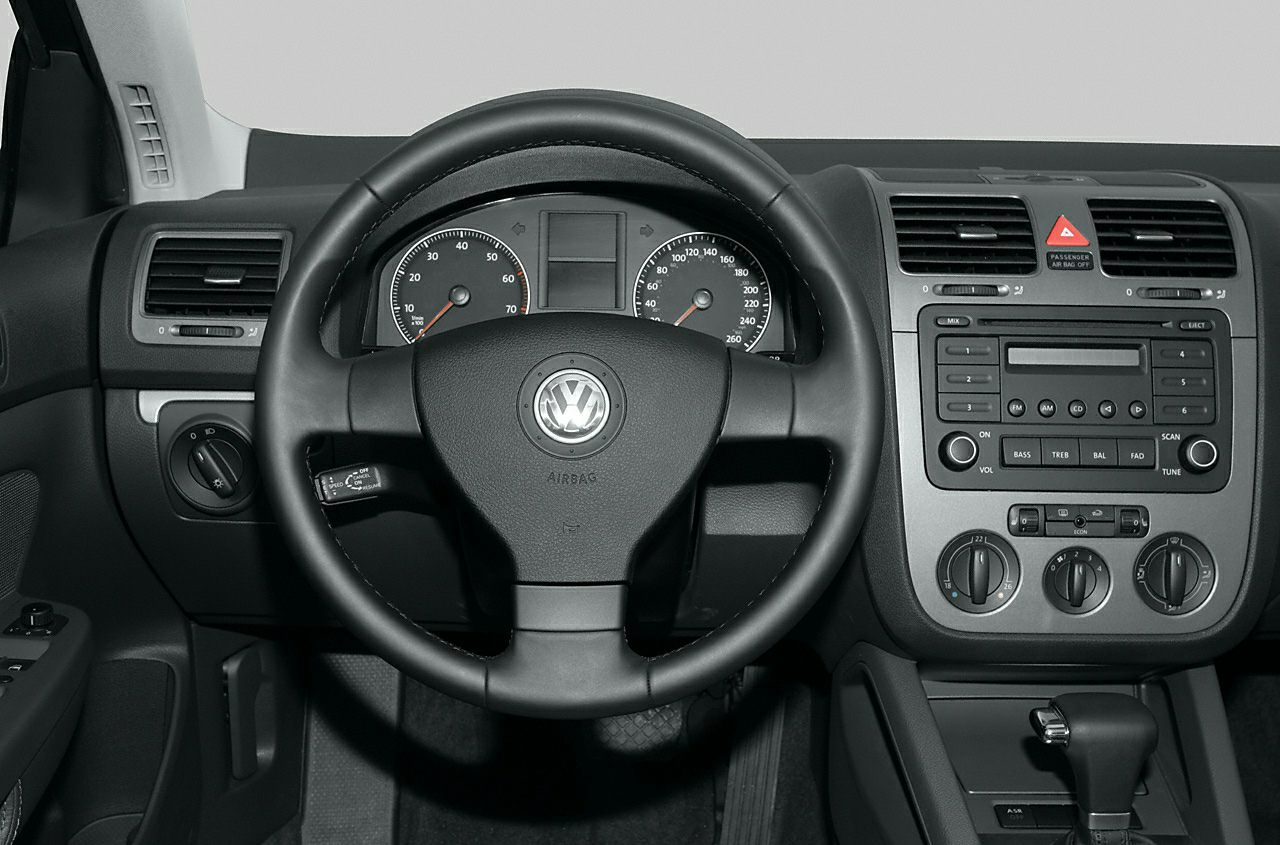 Steering wheel, dashboard, and center console interior view