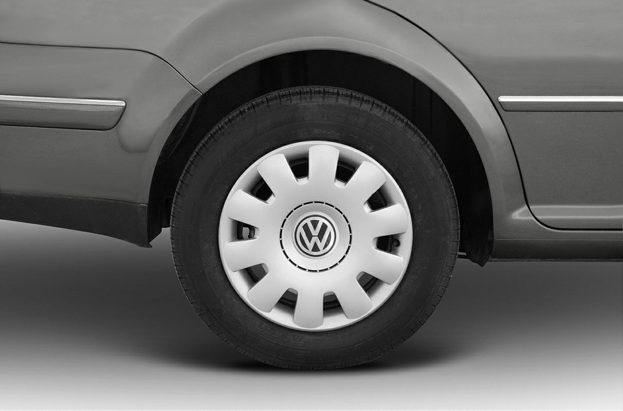 Close-up of wheel with classic Volkswagen rim and tire side profile