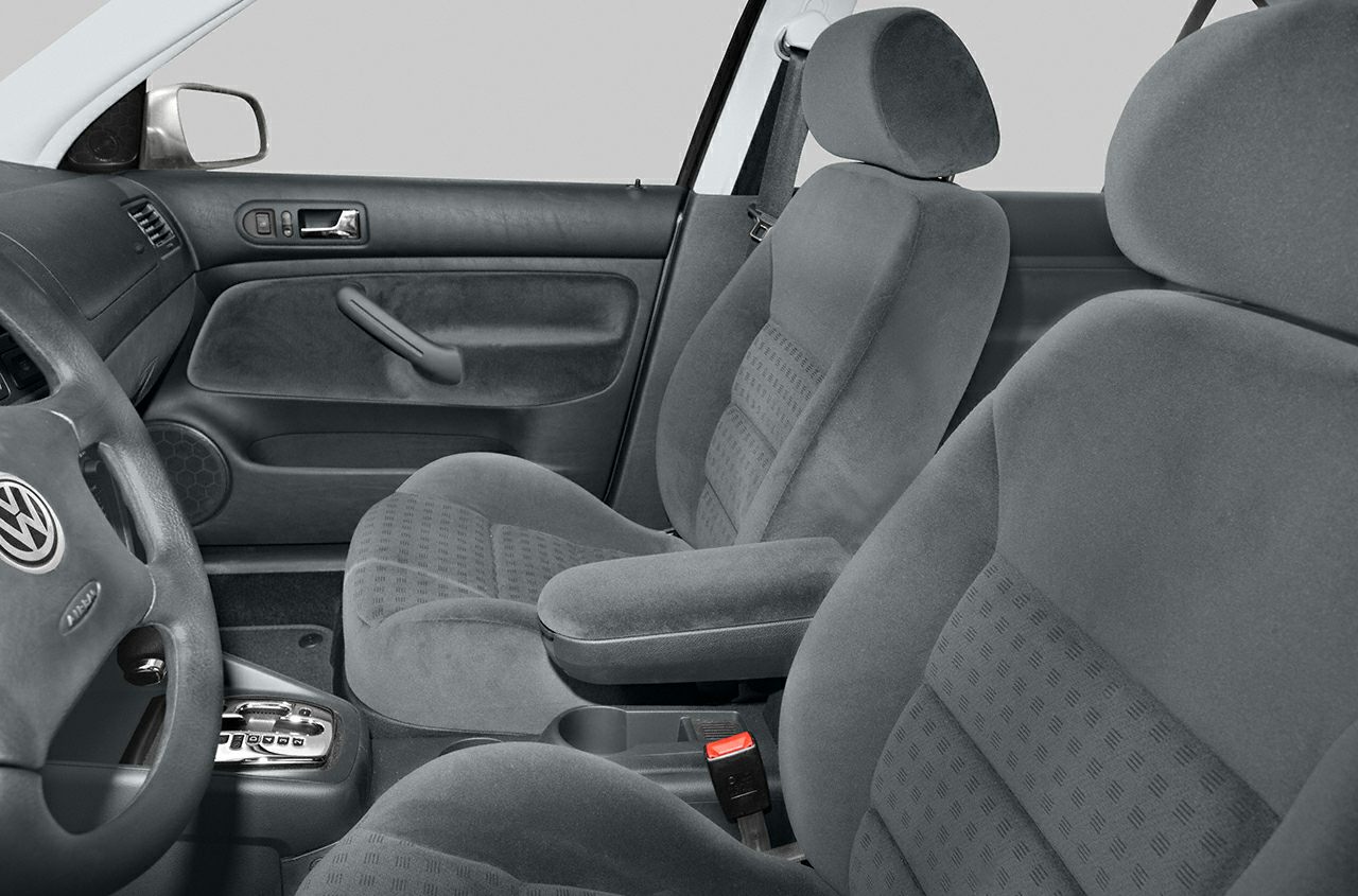 Fabric front seats and dashboard of a car interior