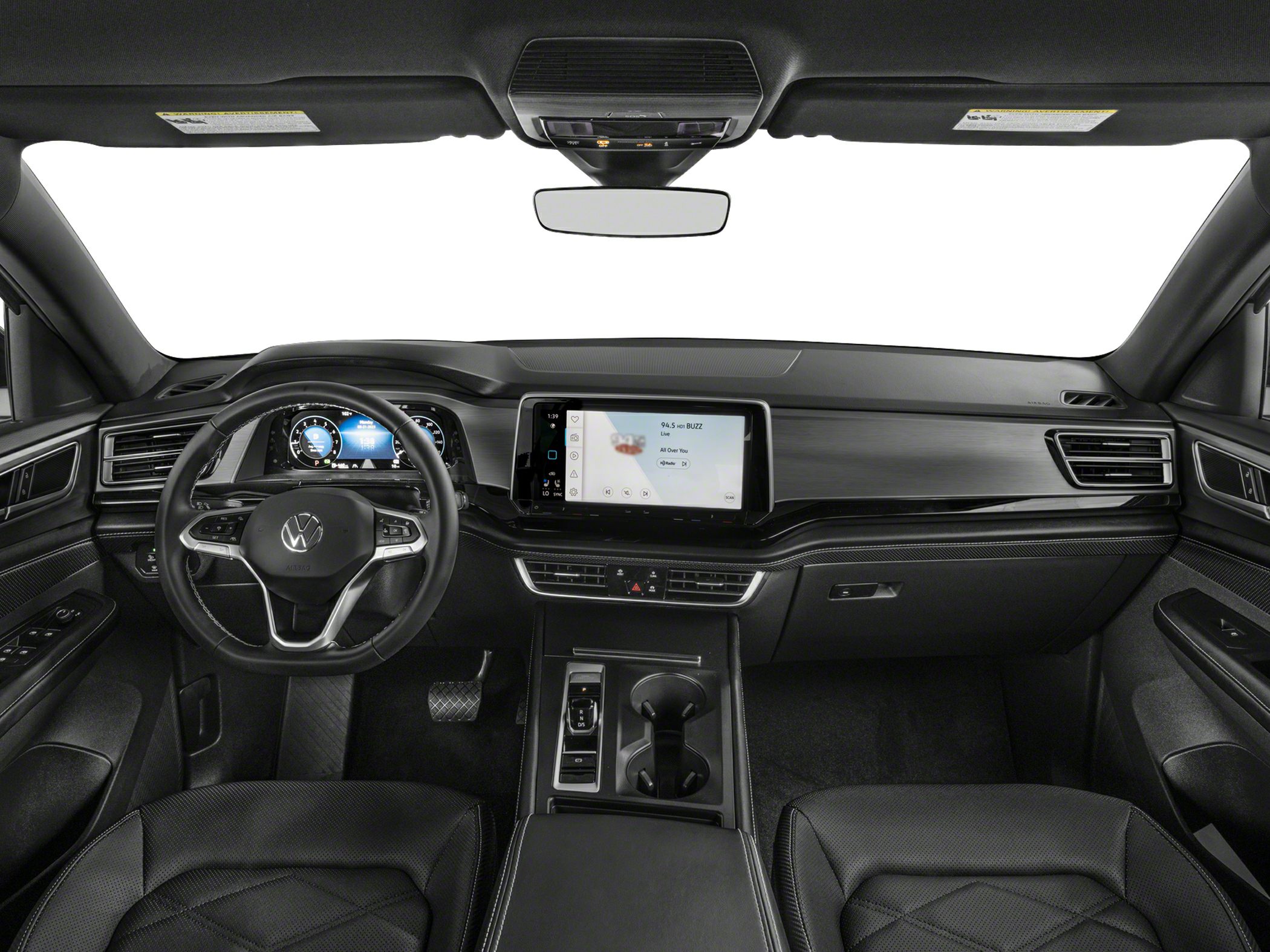 Digital dashboard and touchscreen infotainment with modern steering wheel in black interior