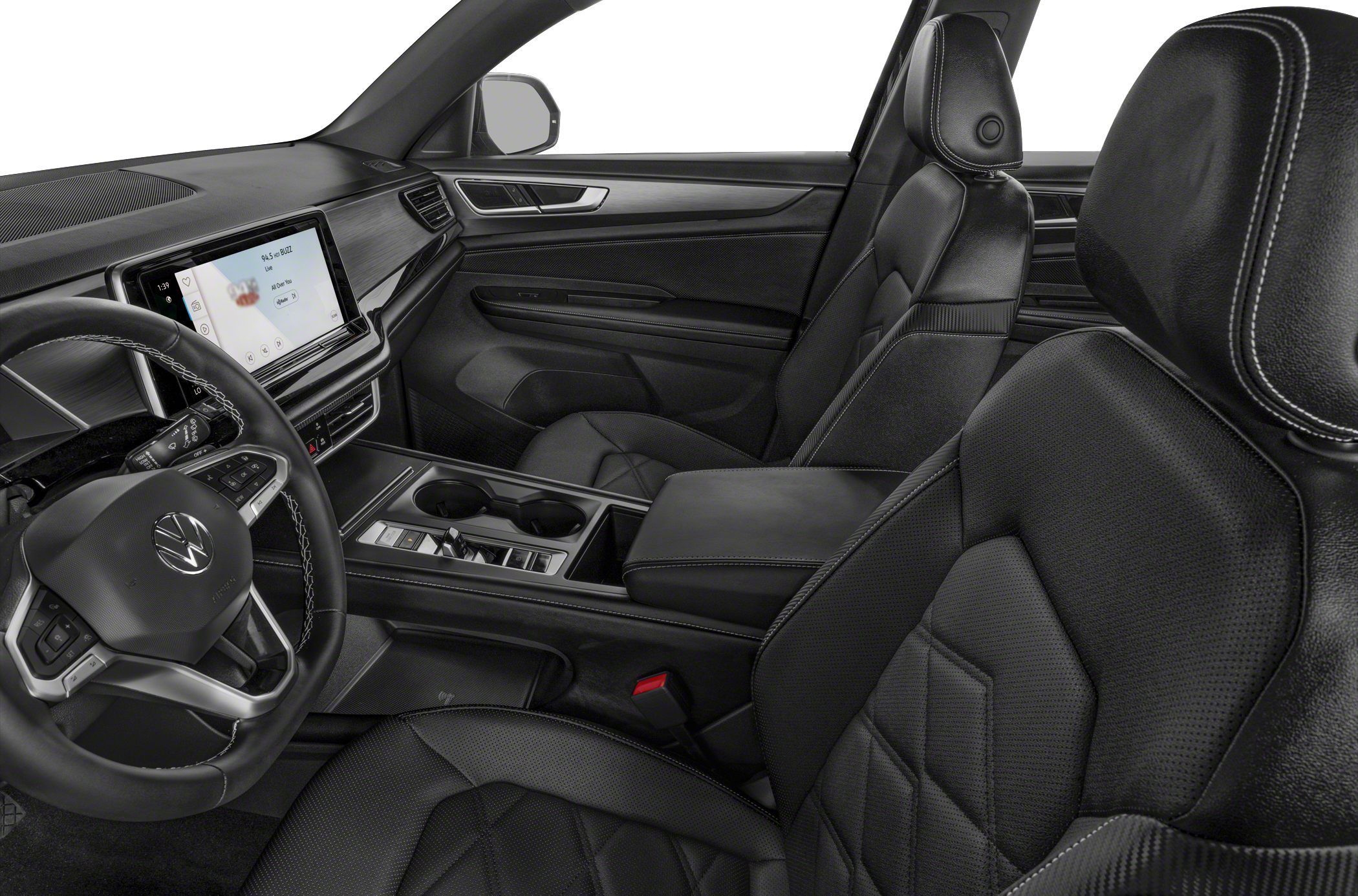 Luxury black leather seats and touchscreen infotainment in modern SUV interior