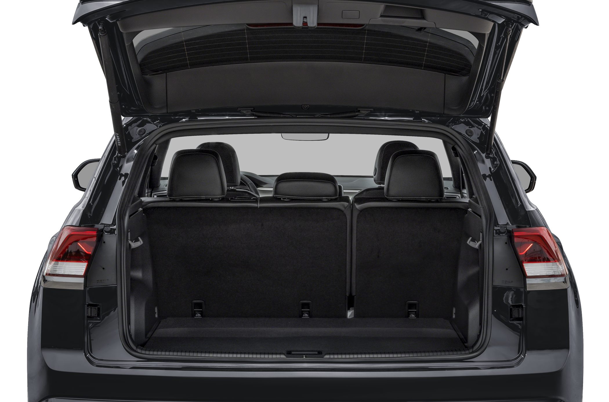 Open trunk space with rear seats upright and visible headrests