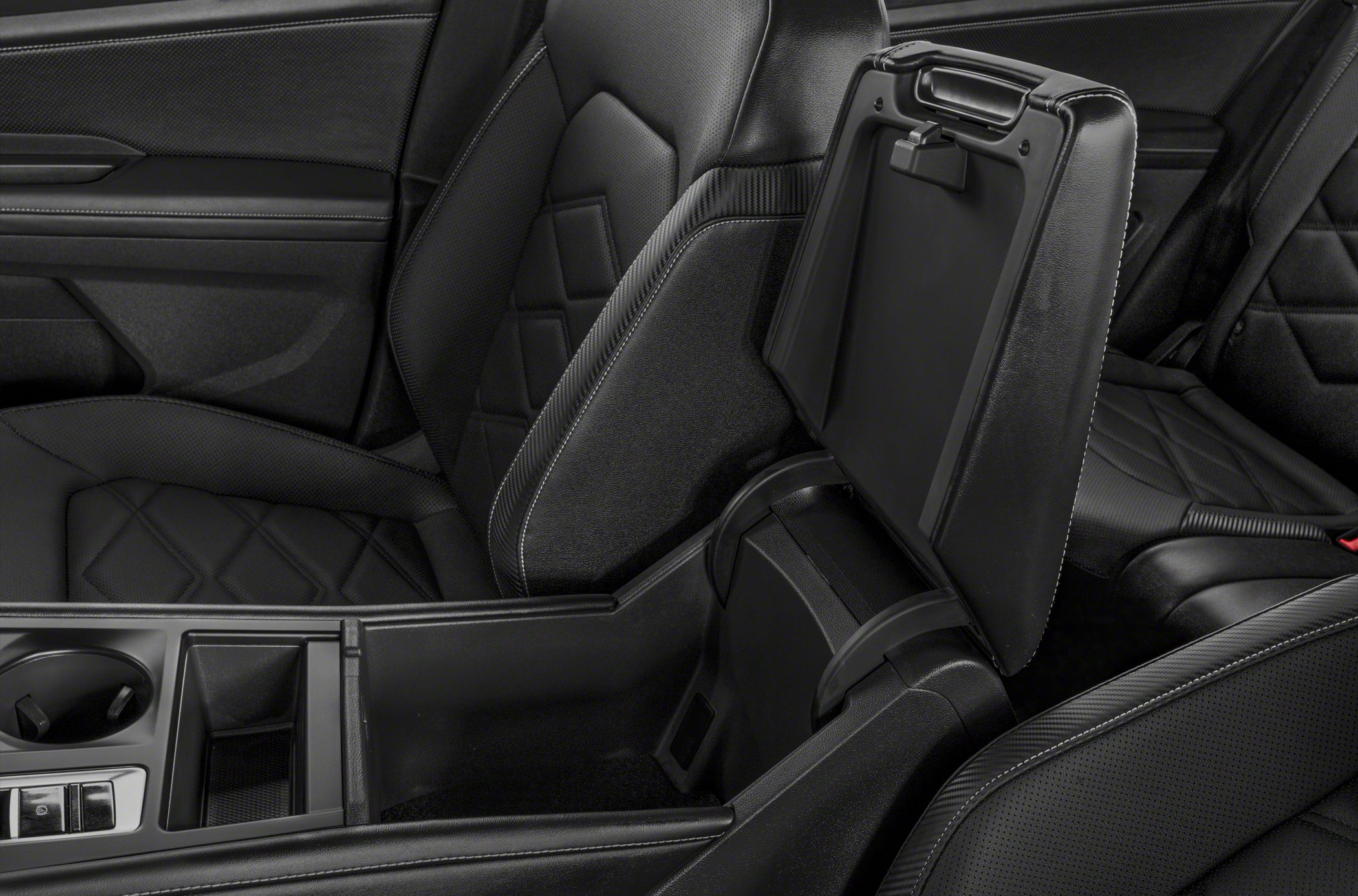 Center console storage with black leather seats interior