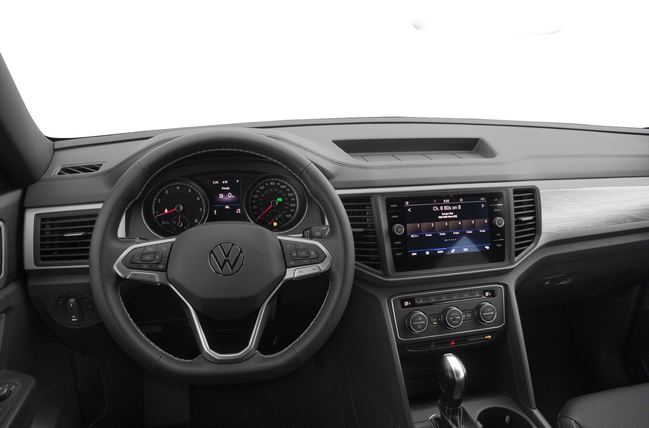 Dashboard, steering wheel, center infotainment system, climate controls