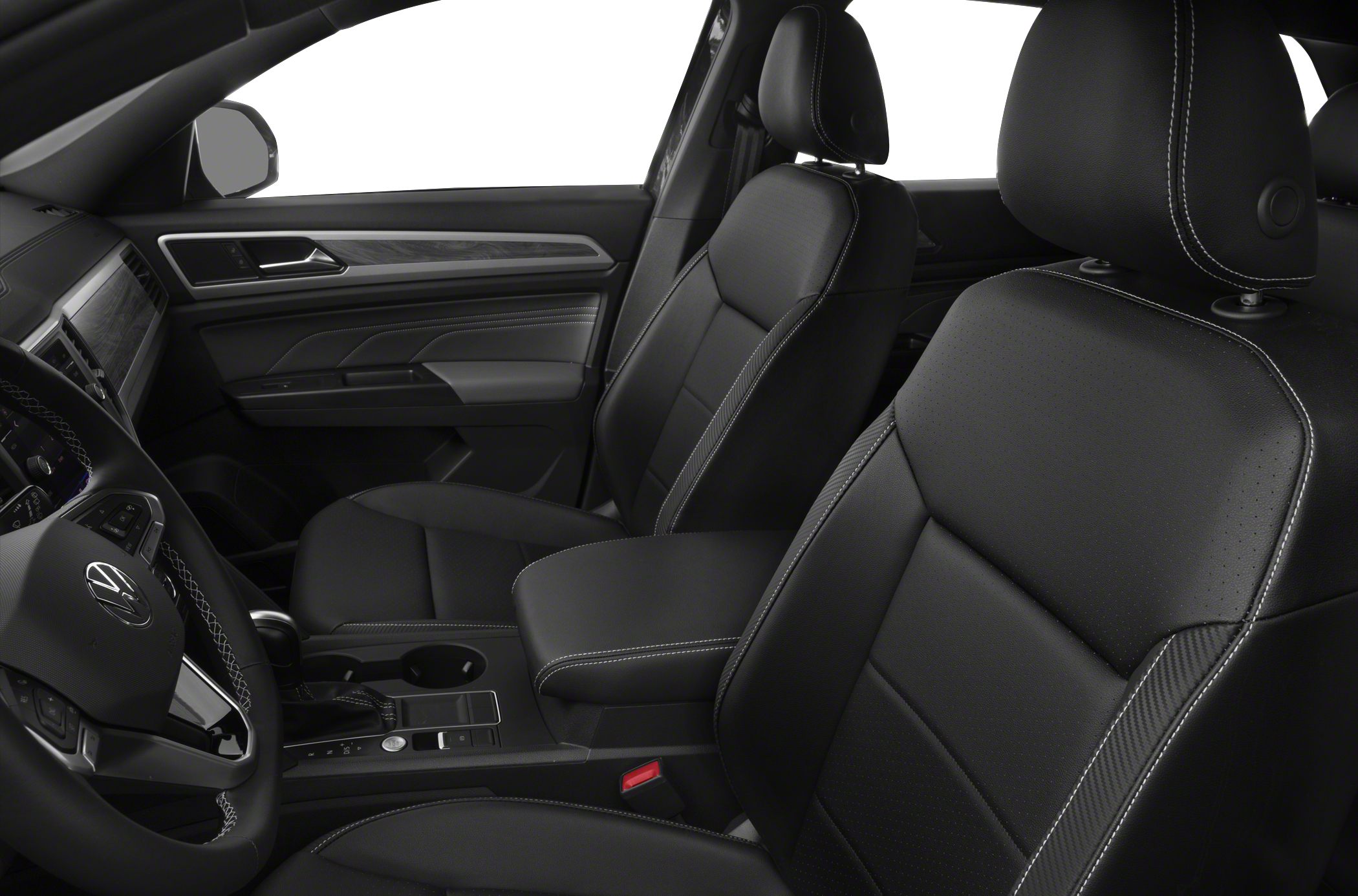 Black leather front seats with white stitching and interior dashboard design