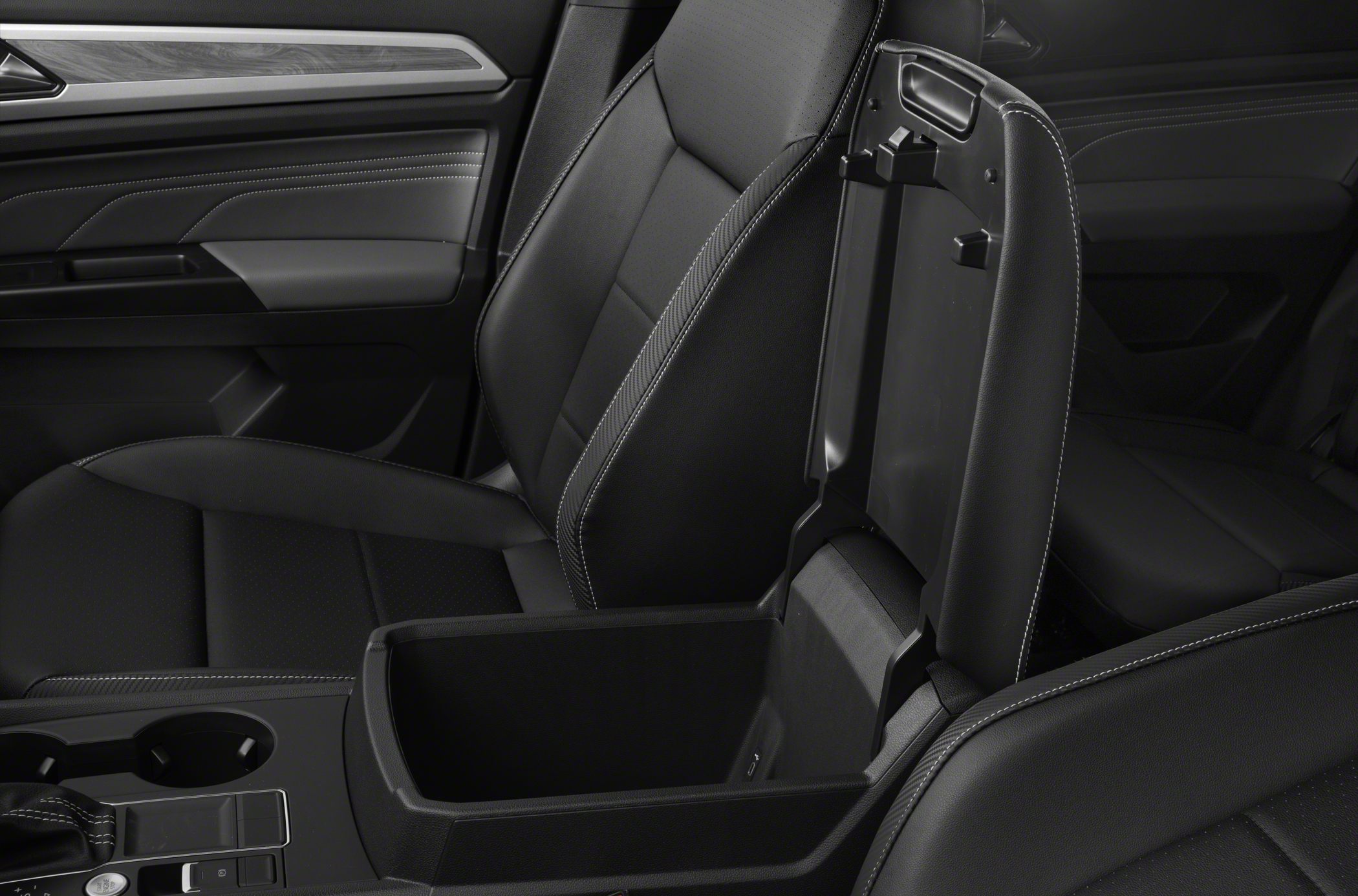 Center console storage and black leather seats