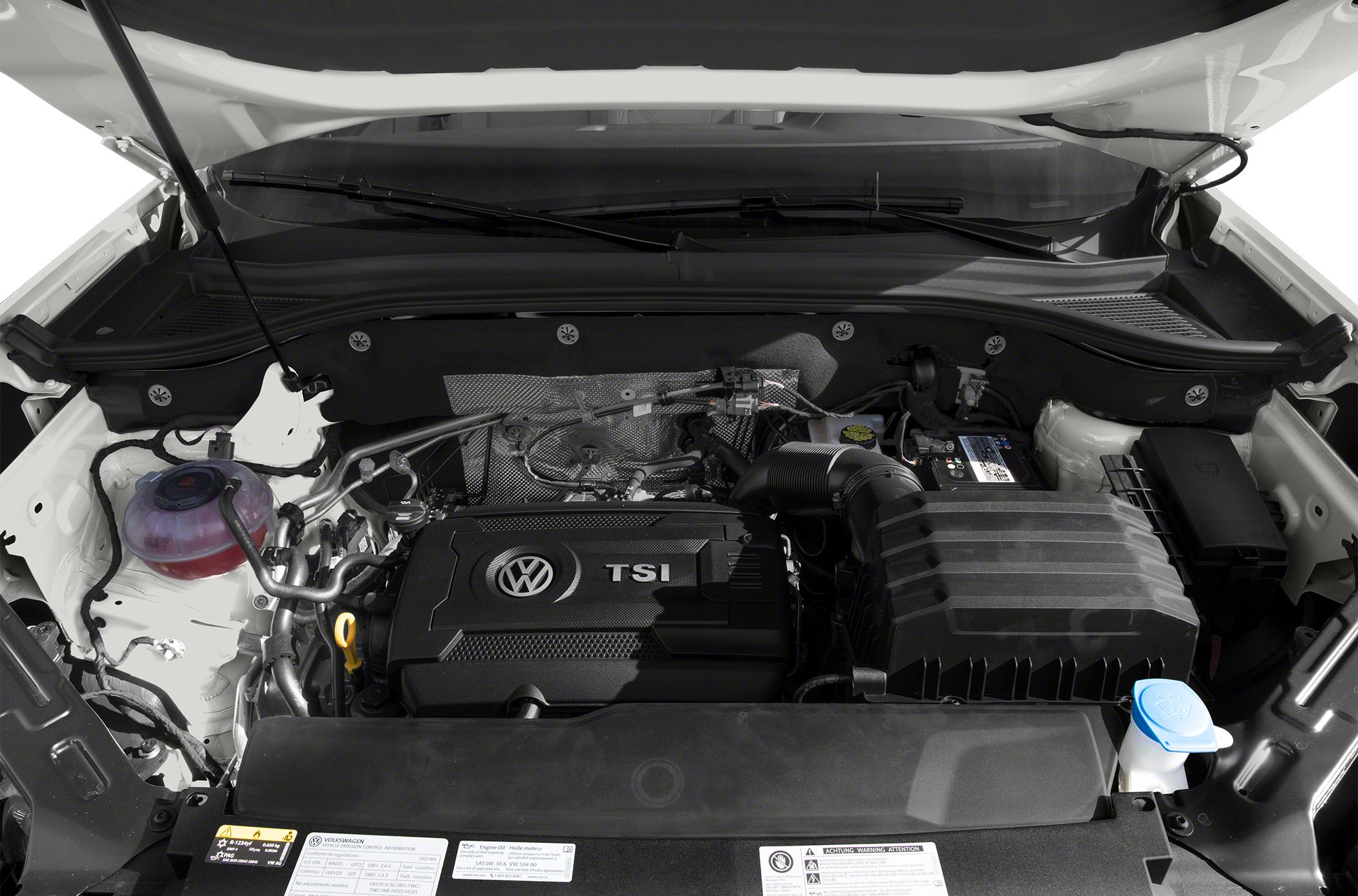 Volkswagen TSI turbocharged engine bay layout with fluid reservoirs