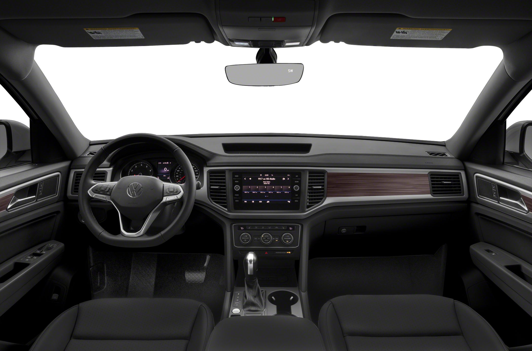 Dashboard, steering wheel, and infotainment display of modern vehicle interior