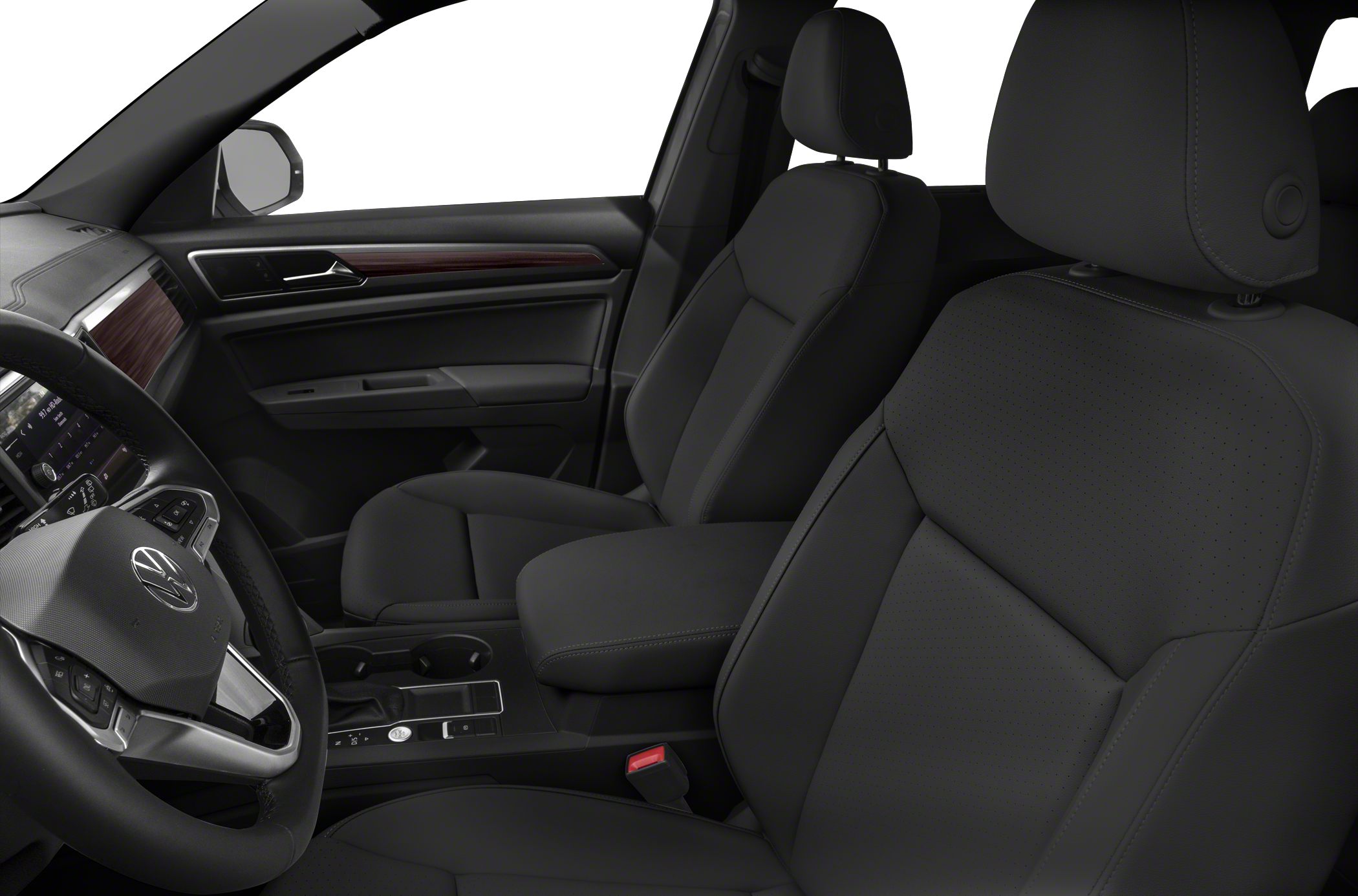 Front seats and dashboard with wood trim and leather upholstery