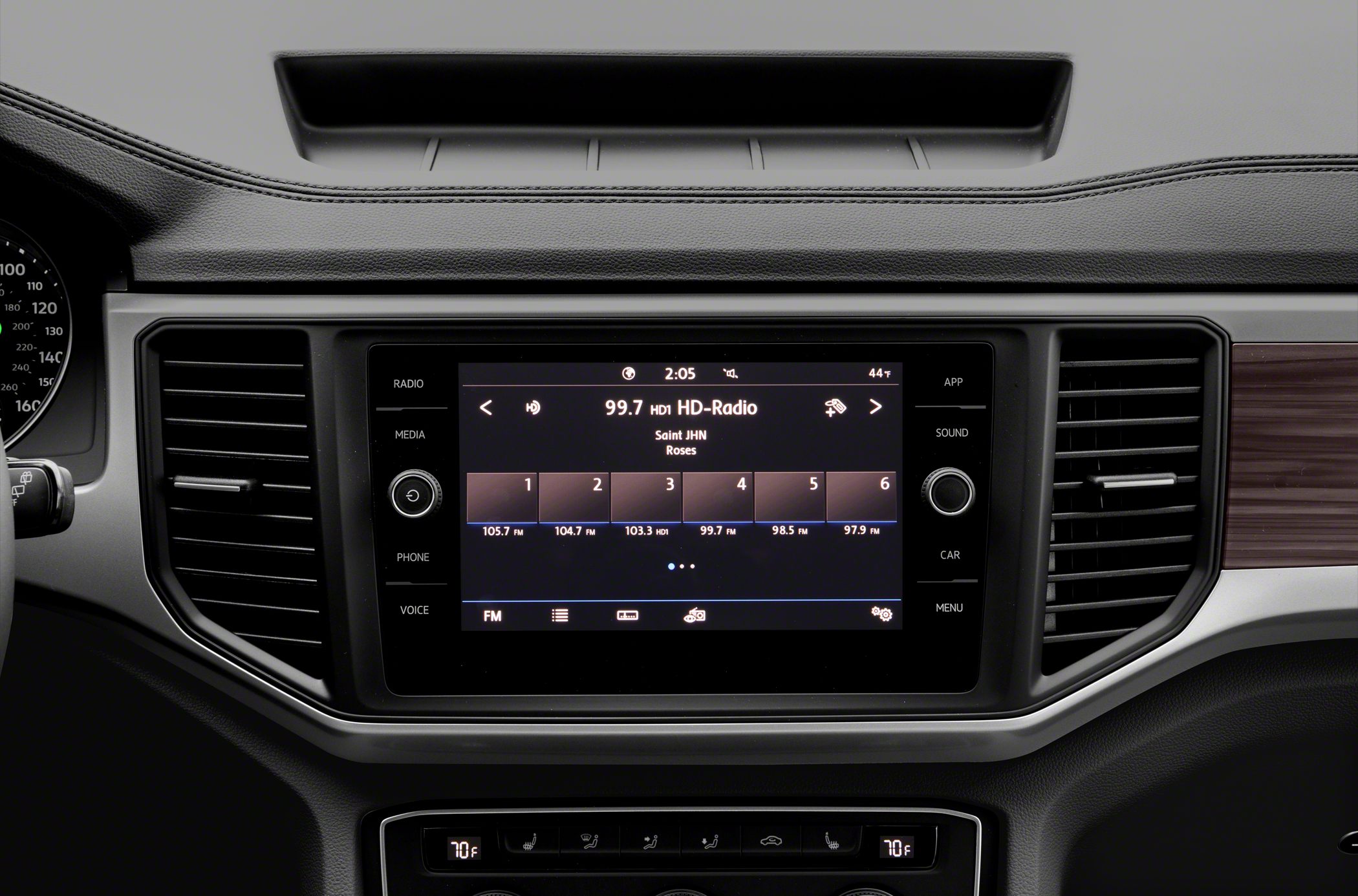 Touchscreen infotainment system with HD Radio and climate controls